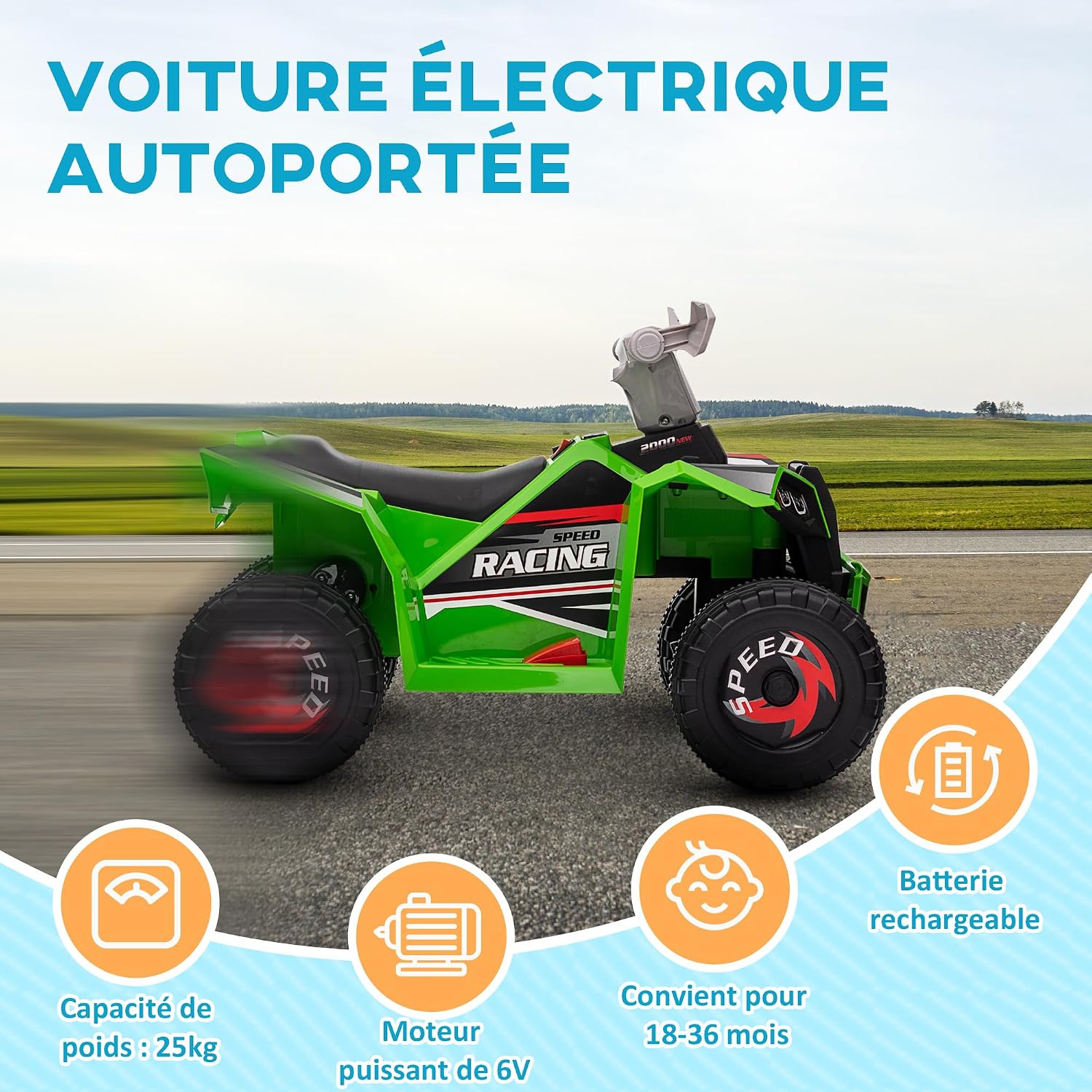 Thumbnail 4 de HOMCOM 370-278V90GN elektrische kinderquad, 6 V, groen, vooruit en achteruit