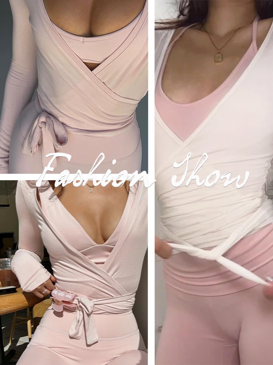Detalle de Danysu V-Neck Ballet Wrap Top for Women, Long Sleeve Criss-Cross Tie