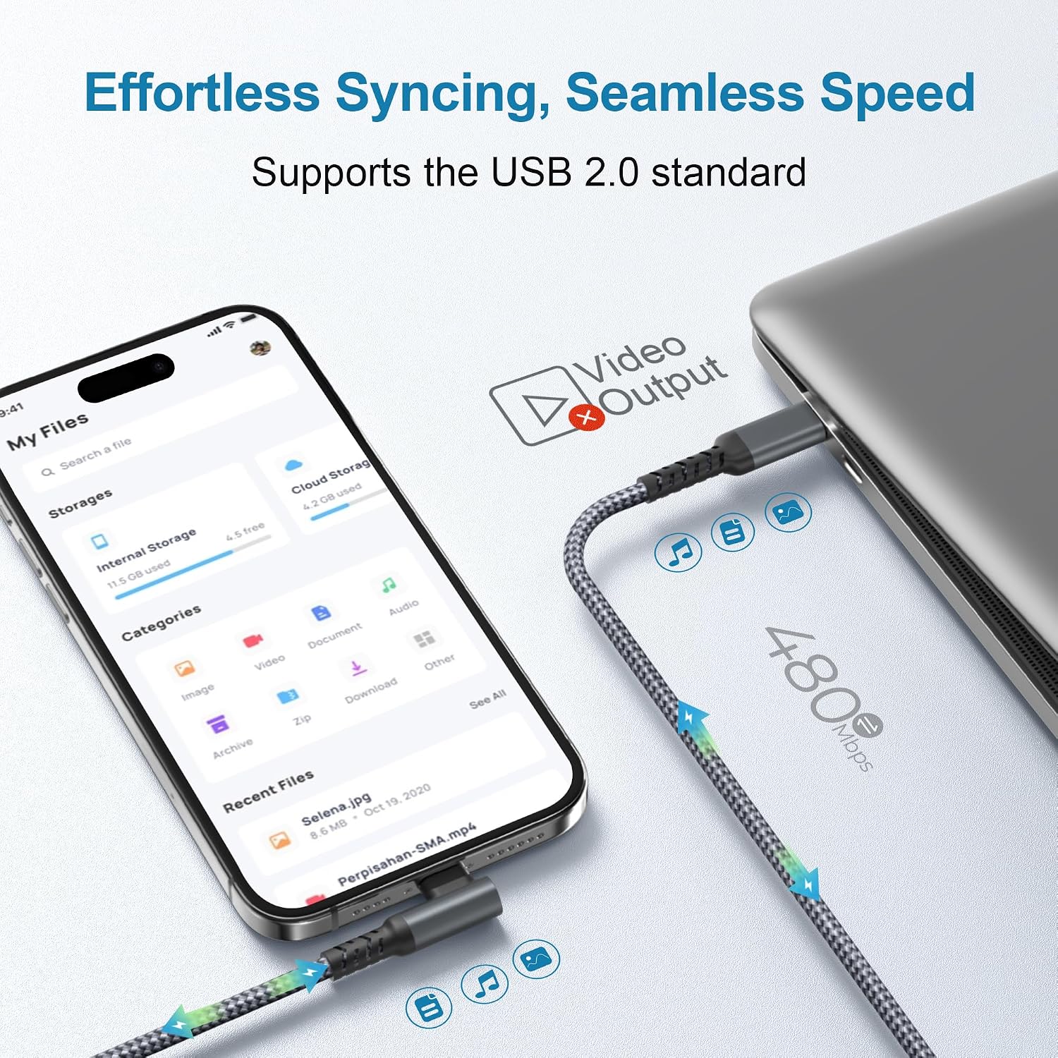 Detalle de BASESAILOR 60W USB-C fast charging car charger cable with right-angled connector (3m) + USB-C adapter