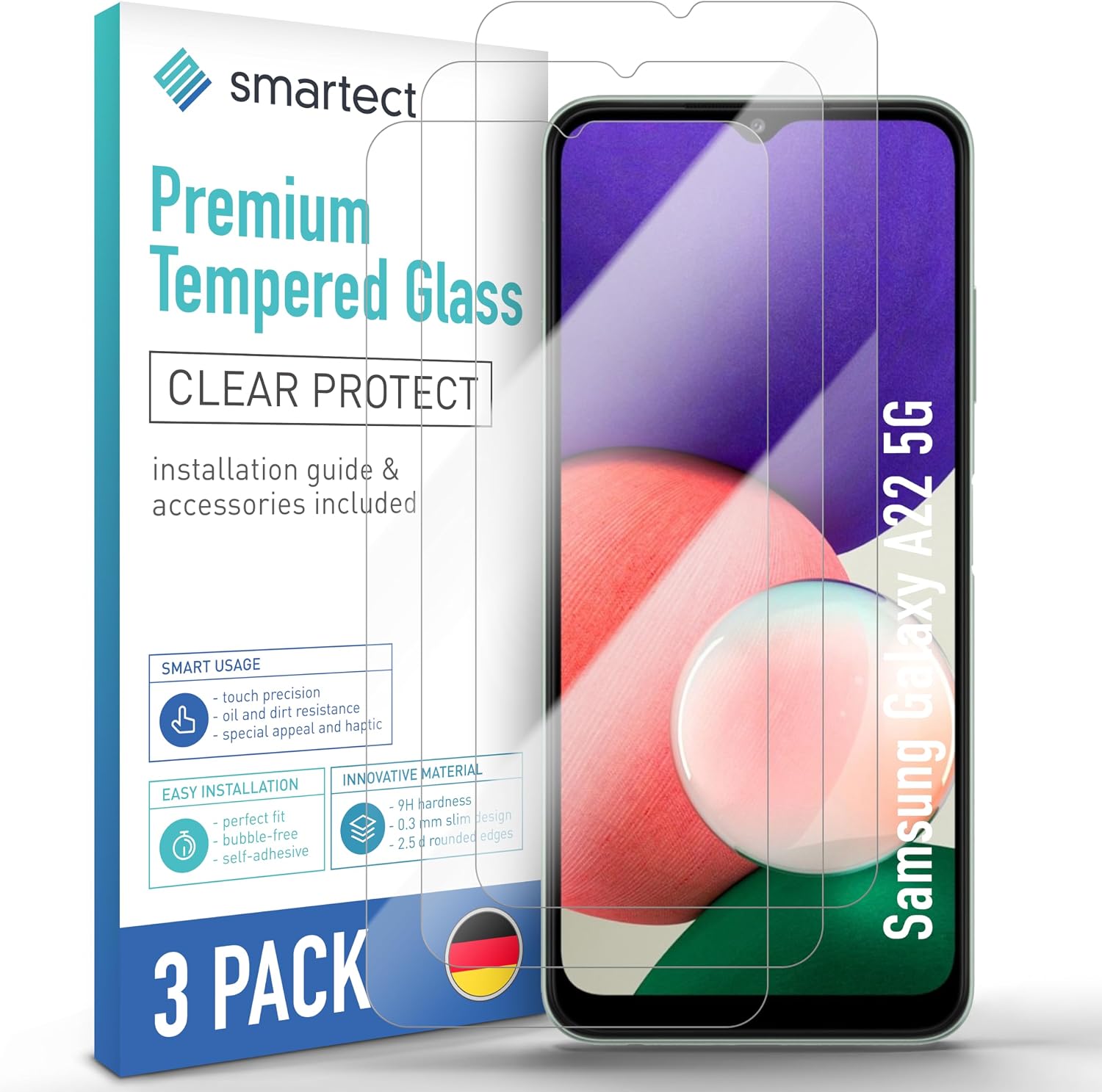 Detalle de SmarTect Tempered Glass Screen Protectors for Samsung Galaxy A22 5G and A22s 5G, 9H, 3-Pack