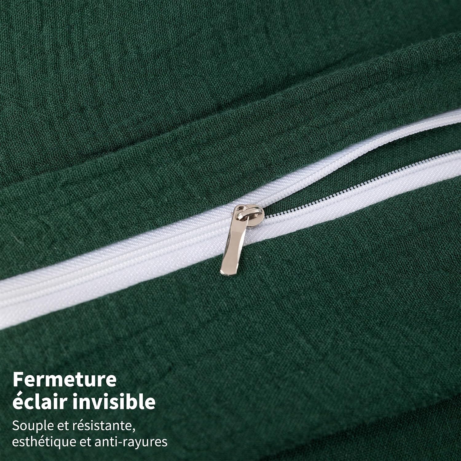 Detalle de YASMENG Parure de lit double en gaze de coton 220x240 vert foncé (housse de couette + taie 65x65 cm)