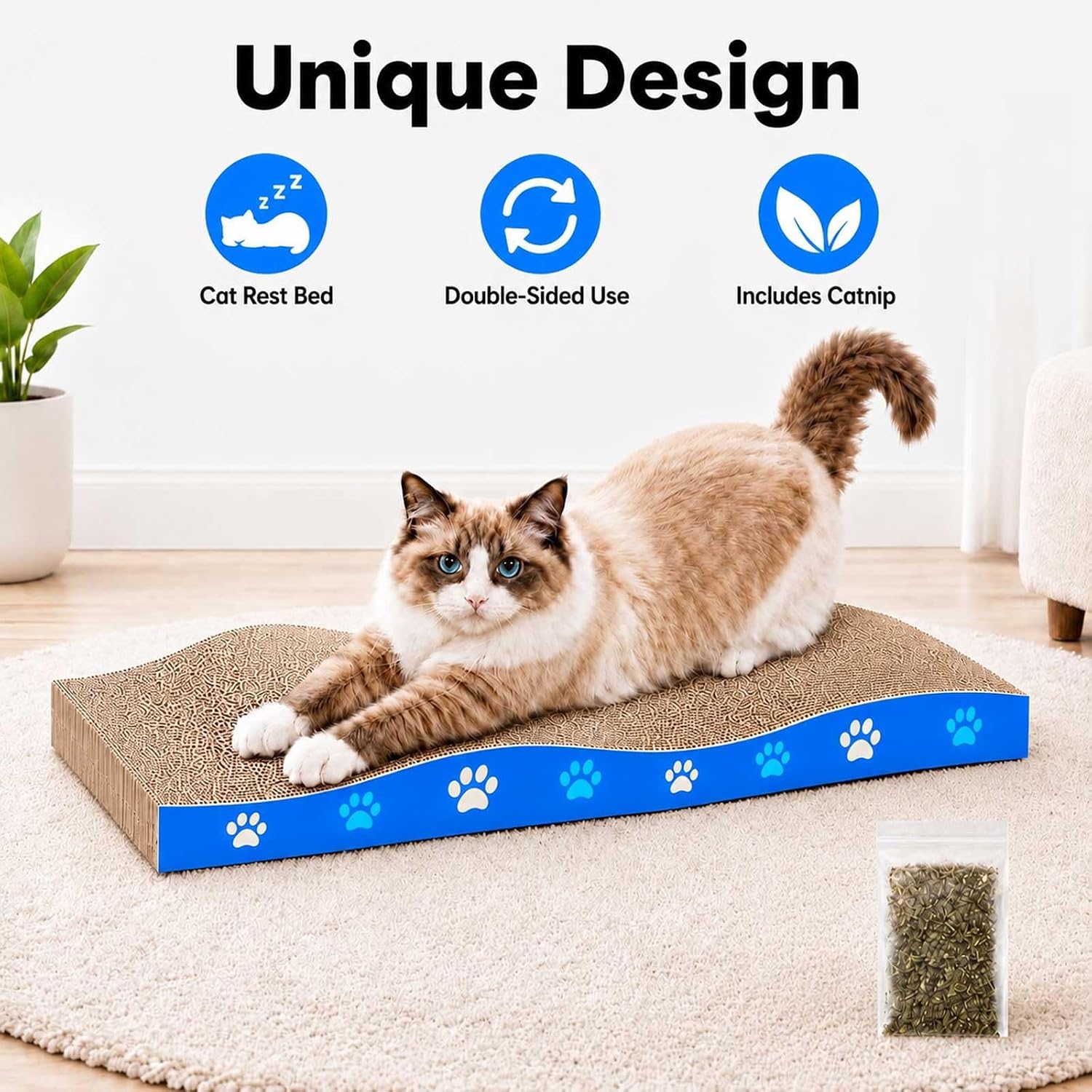 Detalle de Petslucent Cat Scratching Board: Double-Sided Corrugated Cardboard Scratcher (Medium, 2 Pack) with Catnip