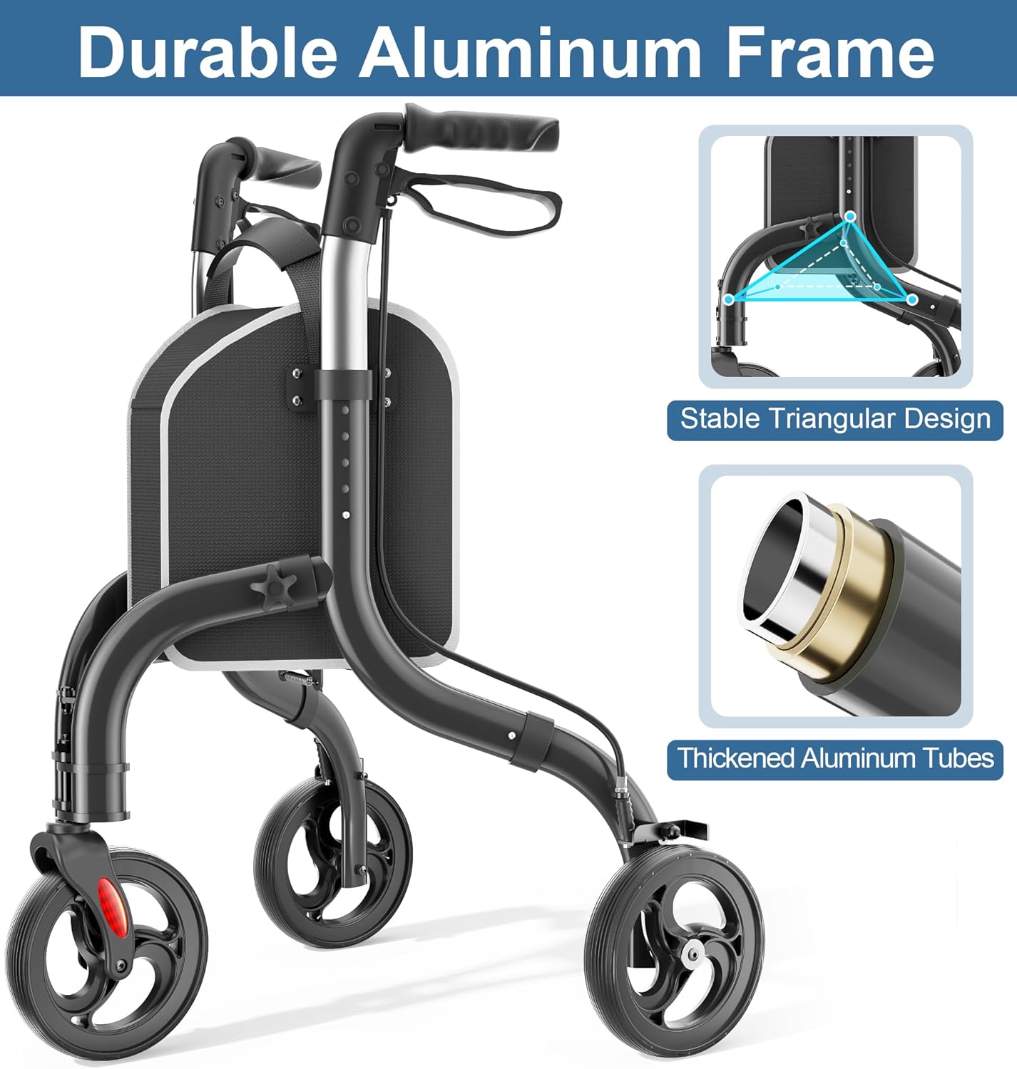 Detalle 2 de HOMLAND 3 Wheel Walkers for Seniors — Lightweight, Foldable Aluminum Rollator with Removable Storage Bag