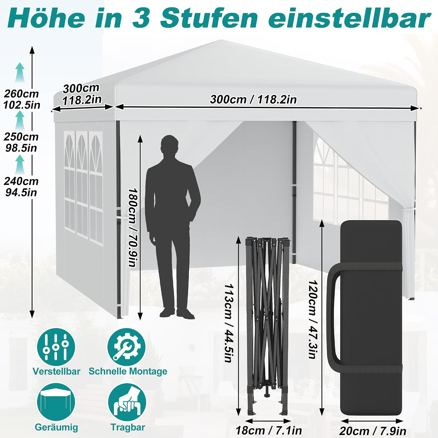 Thumbnail 2 de LZQ HKAN-(ZP10115WH) 3 x 3 m Pop-Up Gazebo with One-Touch Lift