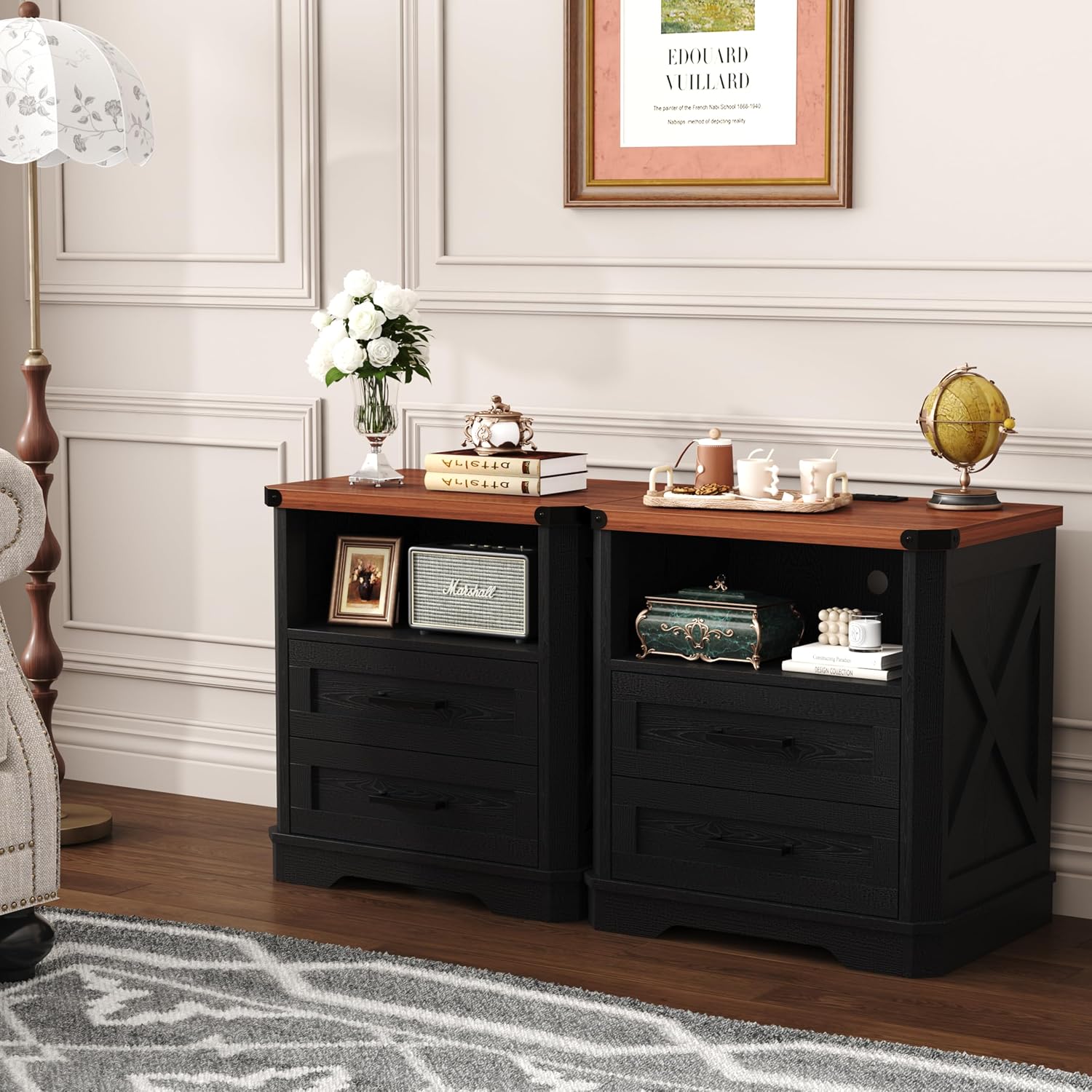 Thumbnail 6 de Yusong Nightstands Antique Black Farmhouse Nightstand with Charging Station