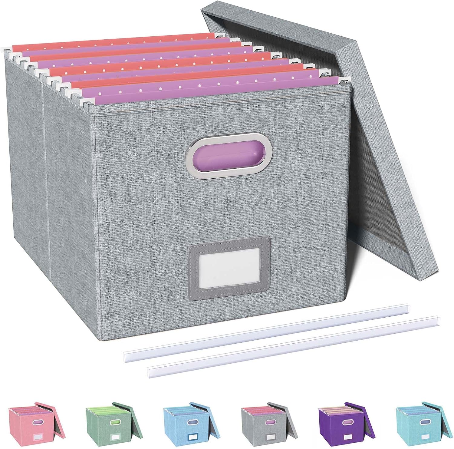 Detalle de Oterri AM03118 File Organizer Box, Gray Linen, Foldable for Hanging Files