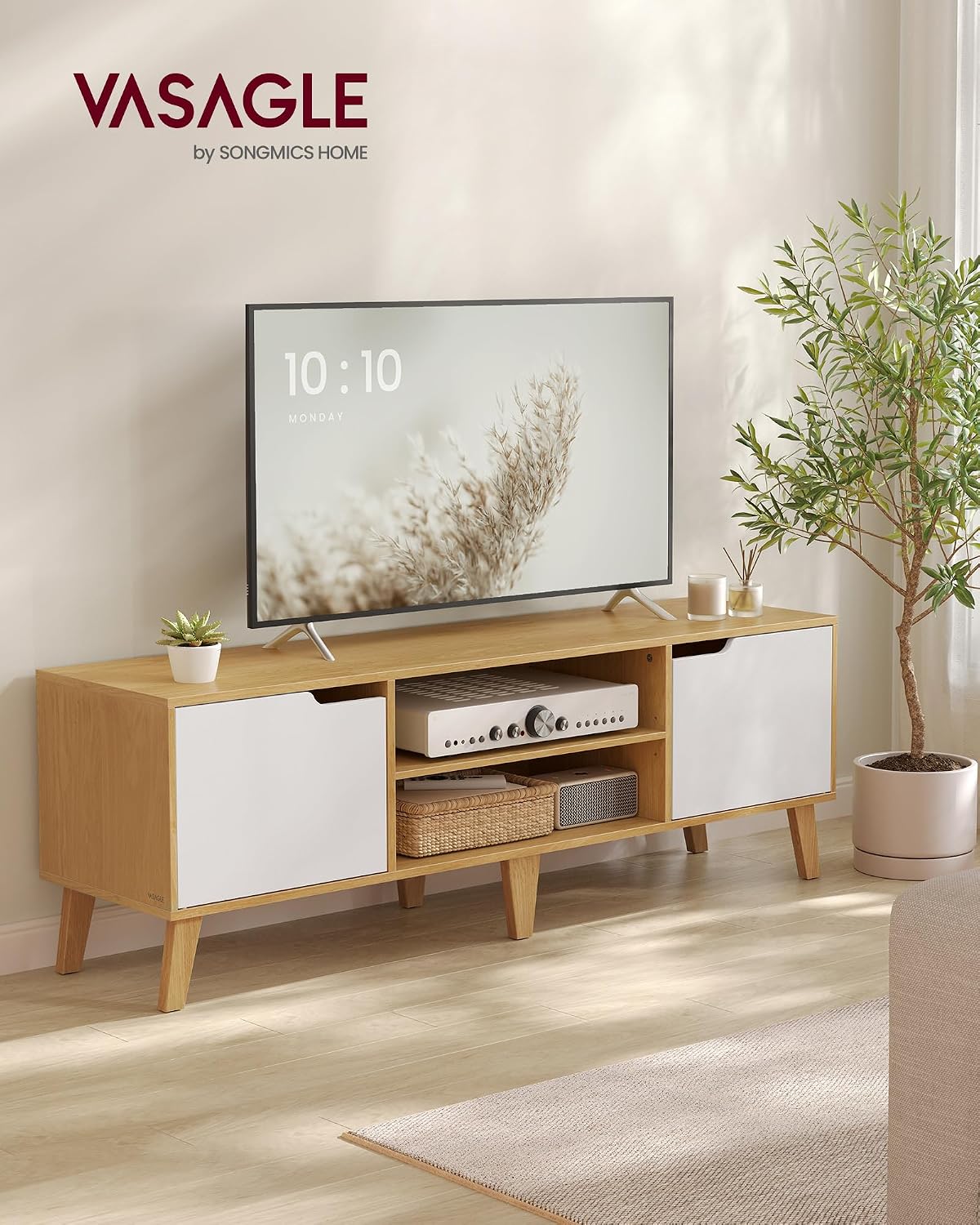 Detalle 2 de VASAGLE TV Stand Unit LTV556Y01: A Practical 147 cm Entertainment Console in Natural Oak and Cream White