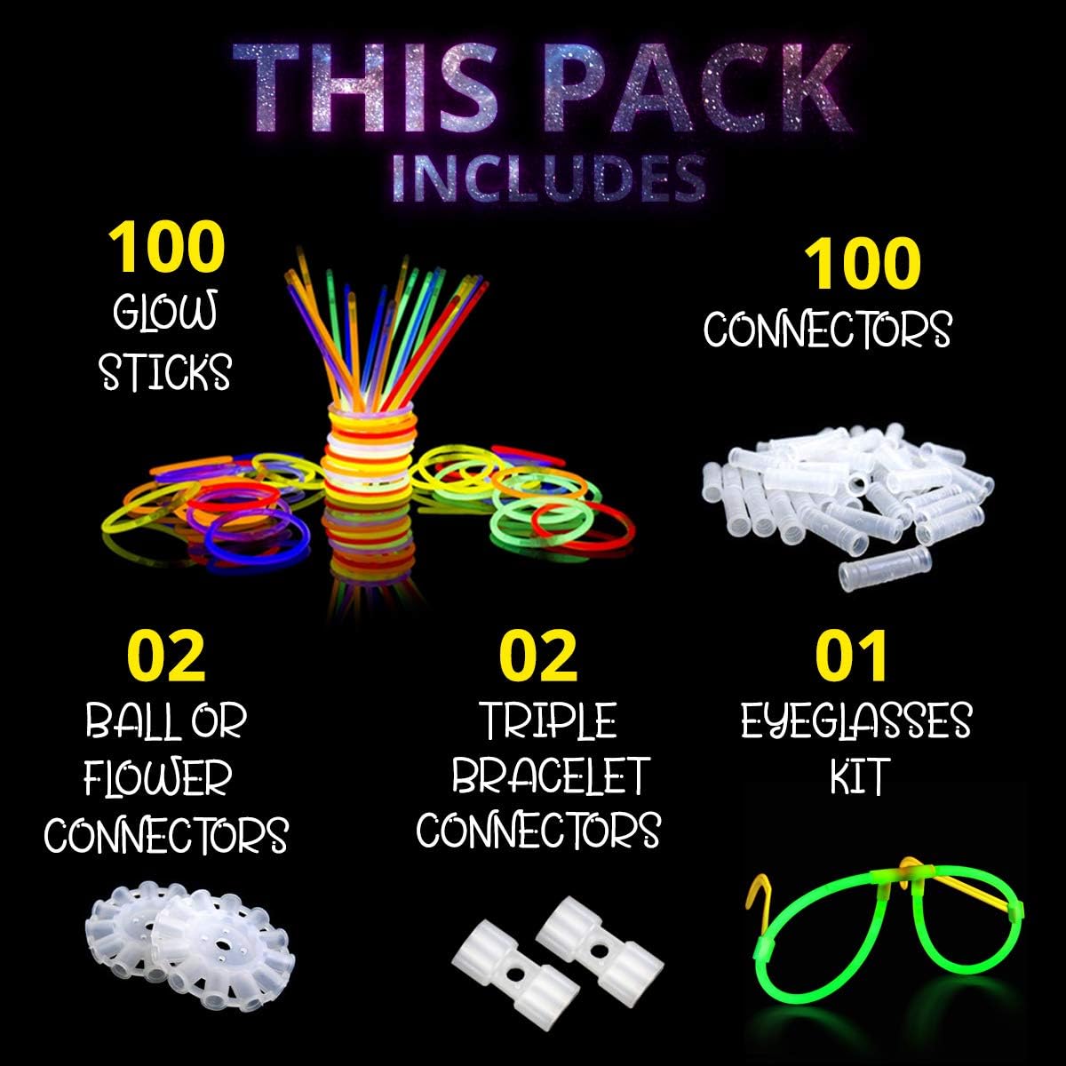 Thumbnail 1 de Ammy Glow Glow Sticks (205 Pcs Kit) Bulk Party Pack with Connectors & Glasses