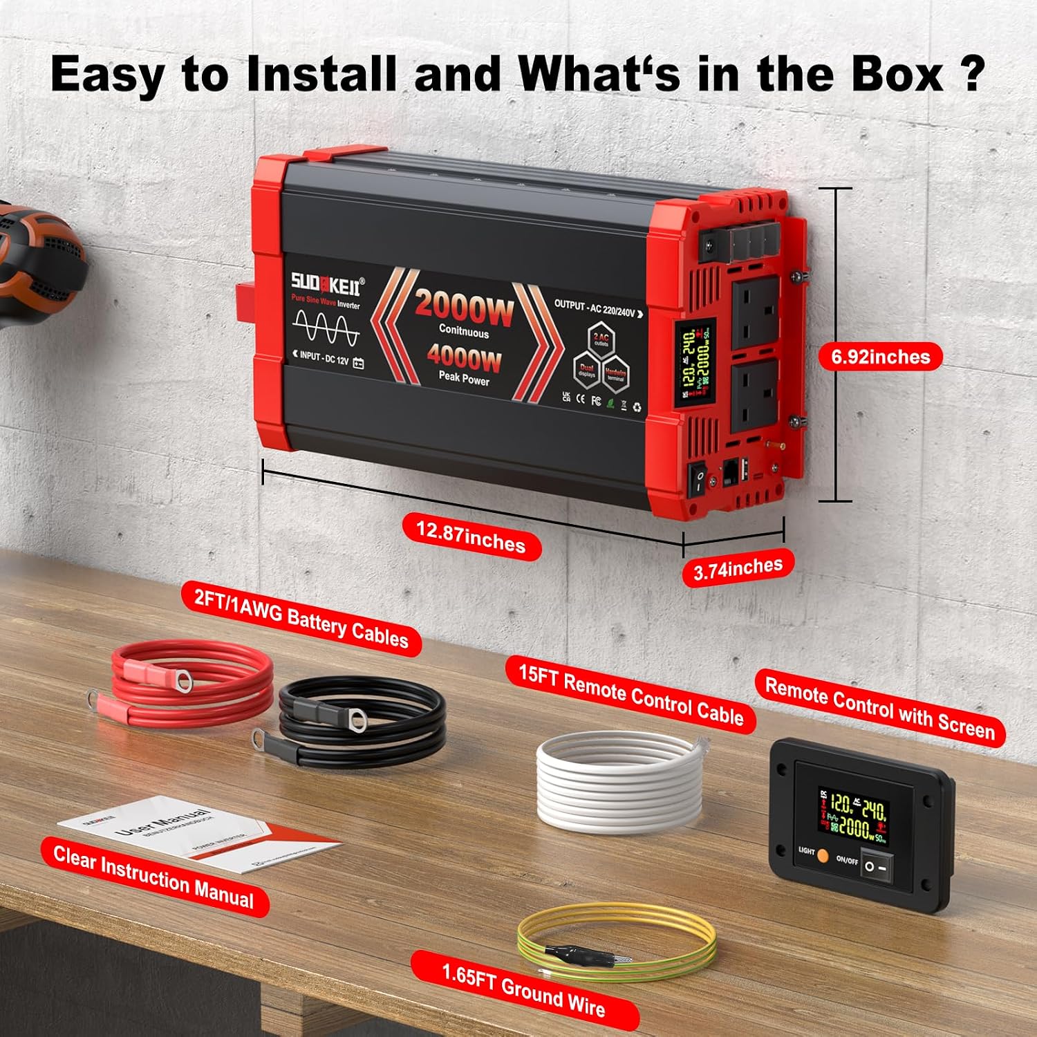 Thumbnail 6 de SUDOKEJI Pure Sine Wave Inverter 2000W (12V DC to 240V AC) with 2 AC outlets, USB-C 30W & remote