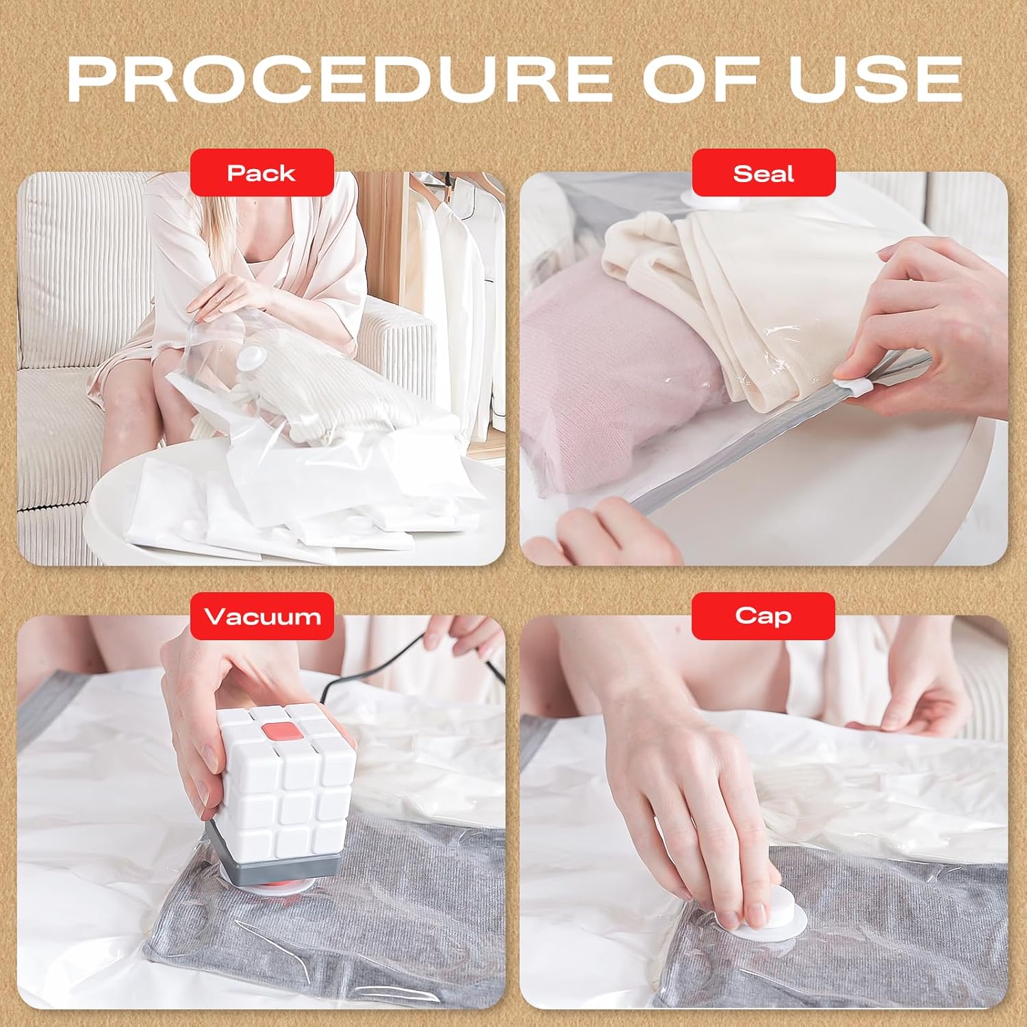 Detalle de Vacbird Vacuum Storage Bags (8 Pack) with Electric Air Pump – Reusable Space Saver Bags for Clothes