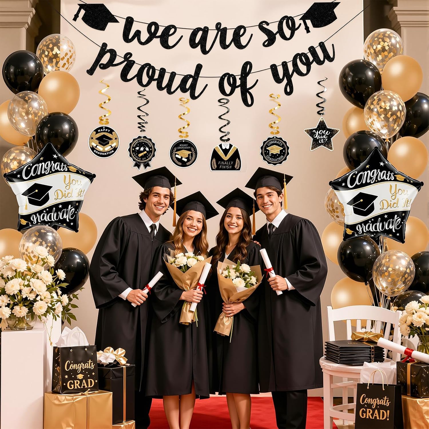 Detalle de OLANRUN Graduation Decorations Set 2026 – We Are So Proud of You Banner, 20 Balloons & 6 Hanging Swirls