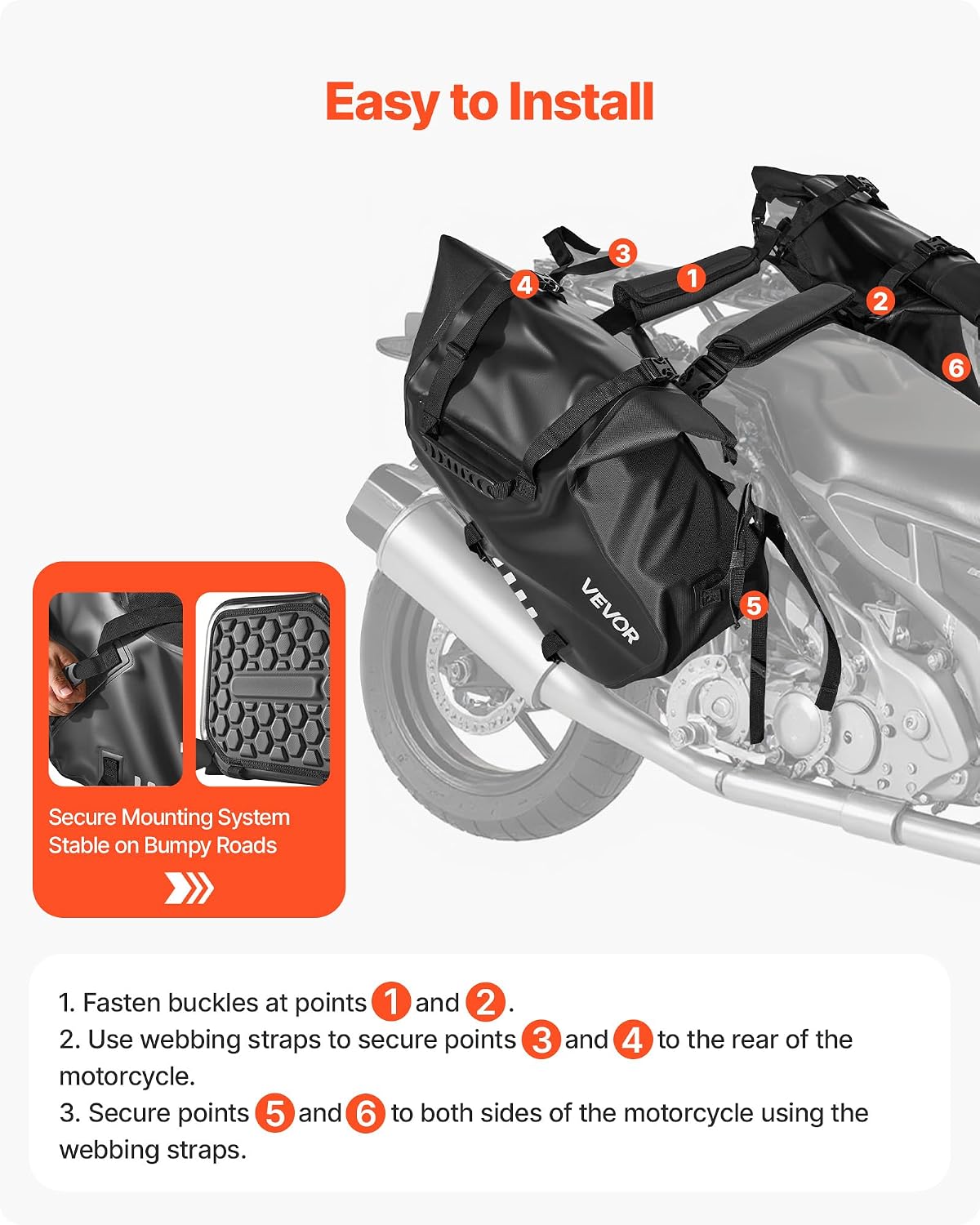 Detalle de VEVOR Sacoche latérale de Moto 28 L (2x14 L) avec housse pluie et sangle inférieure