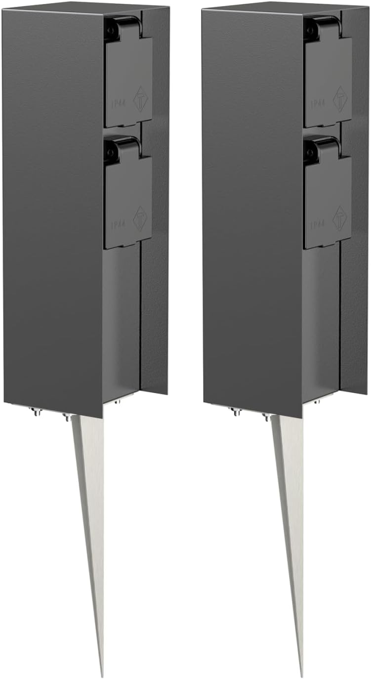 ledscom.de 2er Set Garten-Steckdosen-Säule POMI mit Erdspieß, IP44, 2-fach, anthrazit, eckig, 23 cm