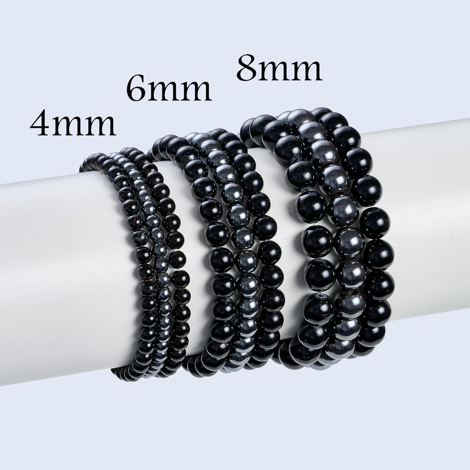Detalle de Bivei set 3 bracciali con pietre naturali: turmalina nera, ossidiana nera e ematite (3 pezzi, elastico)