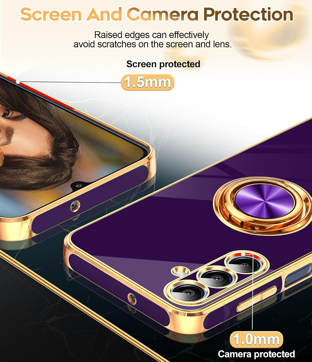 Thumbnail 3 de LeYi Galaxy A16 5G Case (2-Pack) with Tempered Glass Screen Protectors and 360° Magnetic Ring Stand in Rose Gold Edge, Deep Purple
