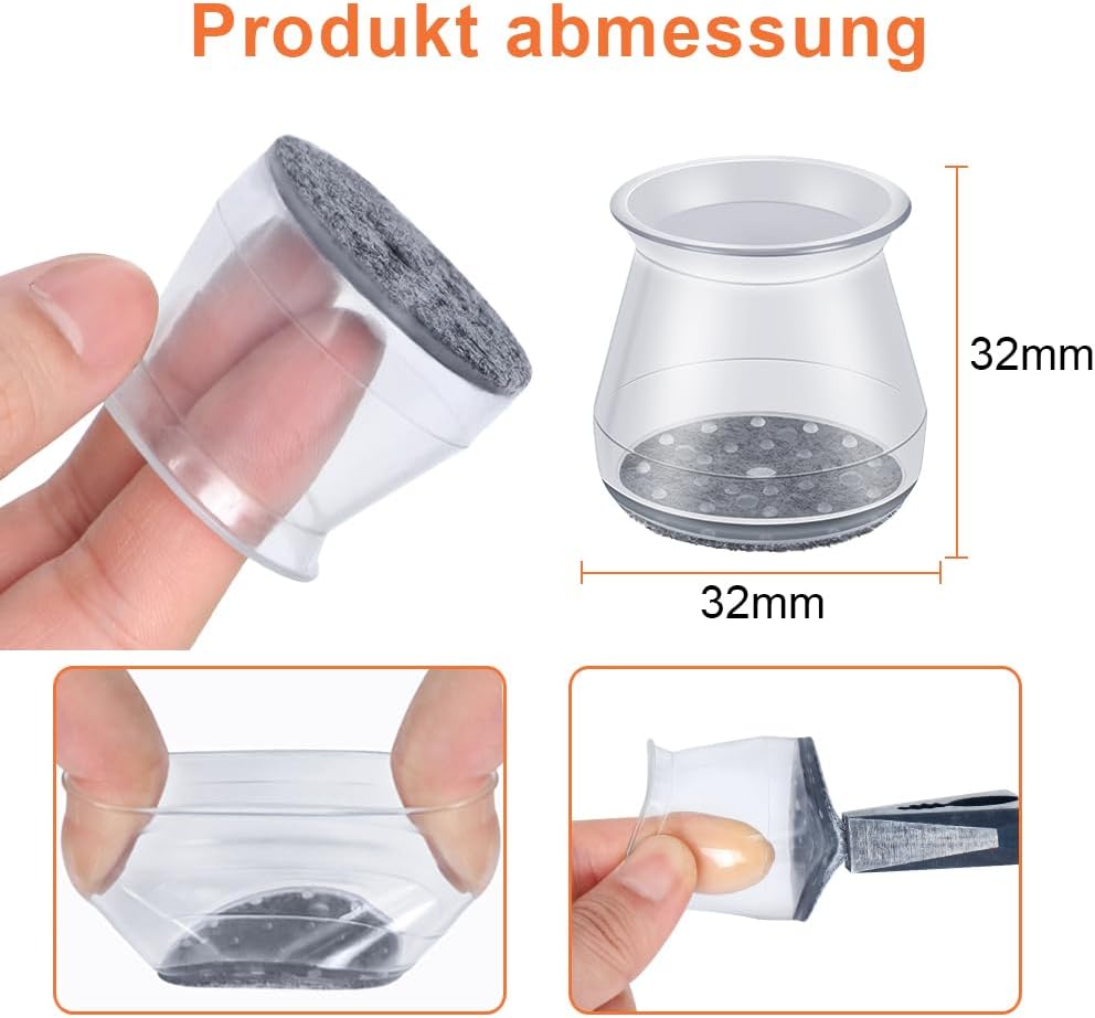 Thumbnail 6 de 32er Stuhlbeinkappen mit Filz und transparentem Silikon – passend für Stuhlbeine (23–32,9 mm rund)