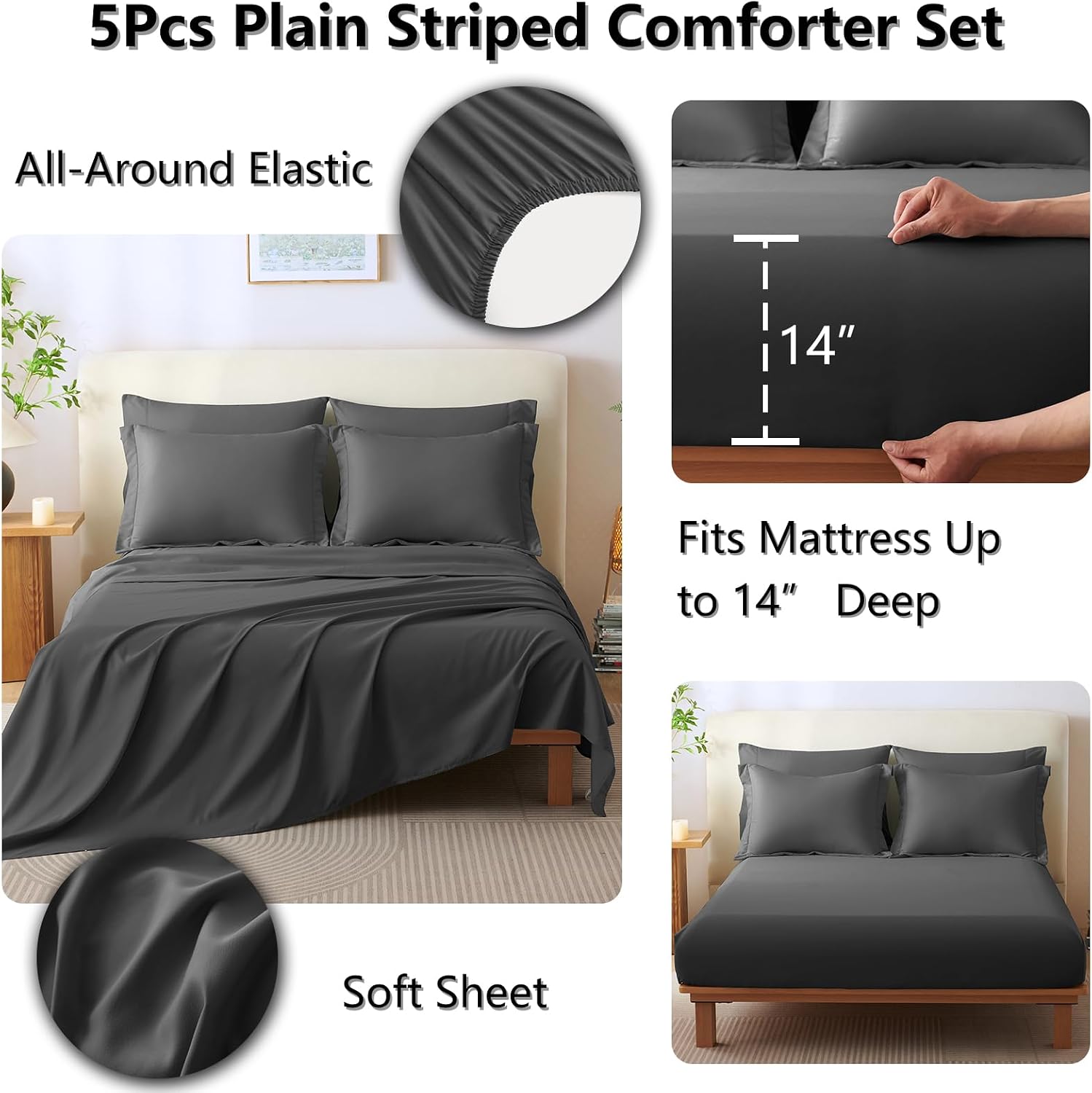 Thumbnail 6 de CozyLux Twin XL Comforter Set Dark Grey – 5 Pieces Bed in a Bag