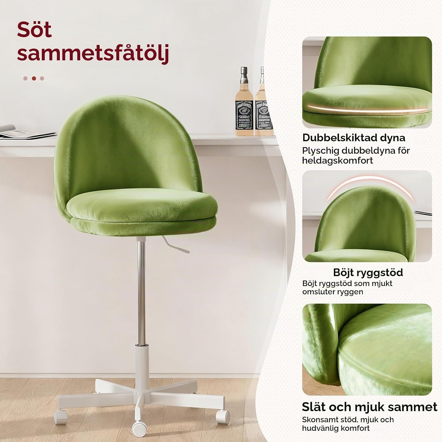Detalle 2 de COMHOMA CH710-BE kontorsstol i grön sammet, höjdjusterbar och utan armstöd
