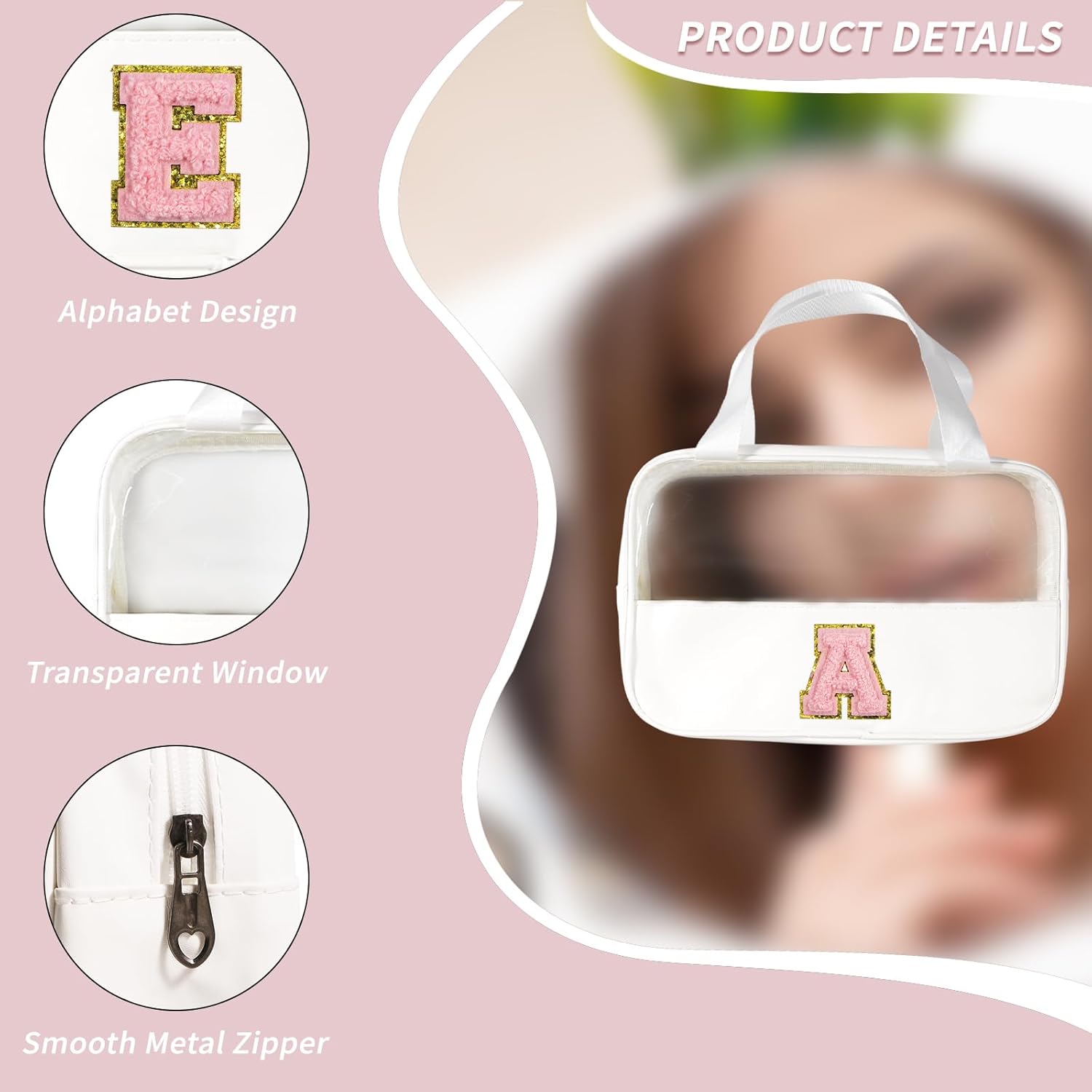Detalle de Bliceon Makeup Bag, Clear Travel Toiletries Bag in White with Pink Letter B – Personalised Gift