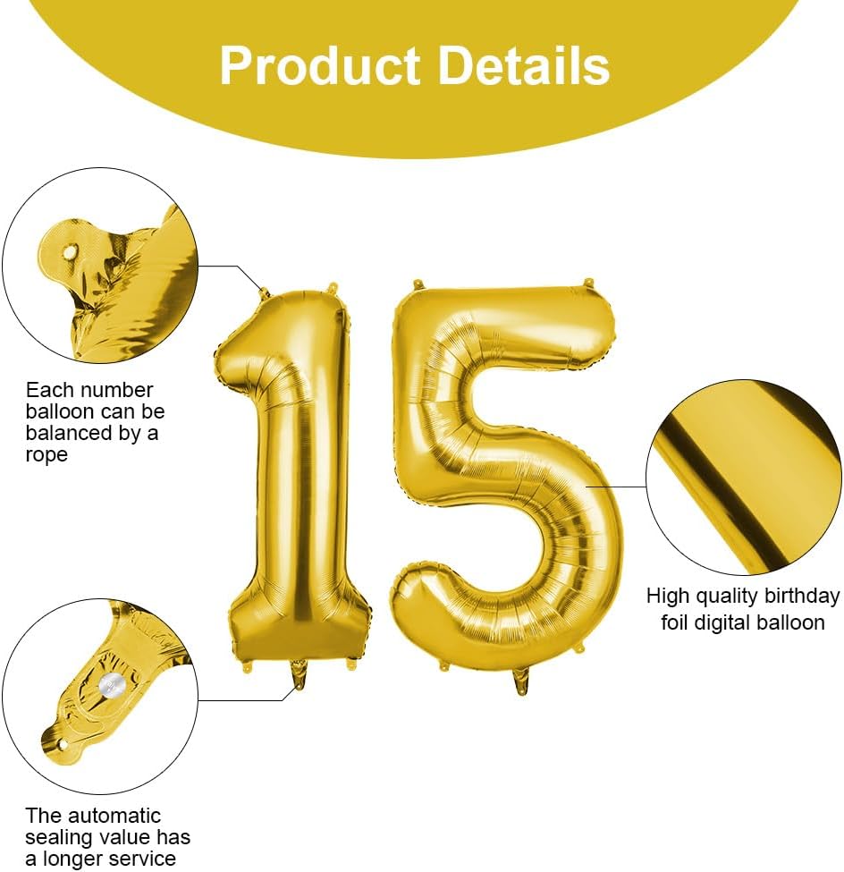 Thumbnail 2 de OFFCUP 40 Inch Number 15 Balloon – Gold Large Foil Balloons (2 Pack)