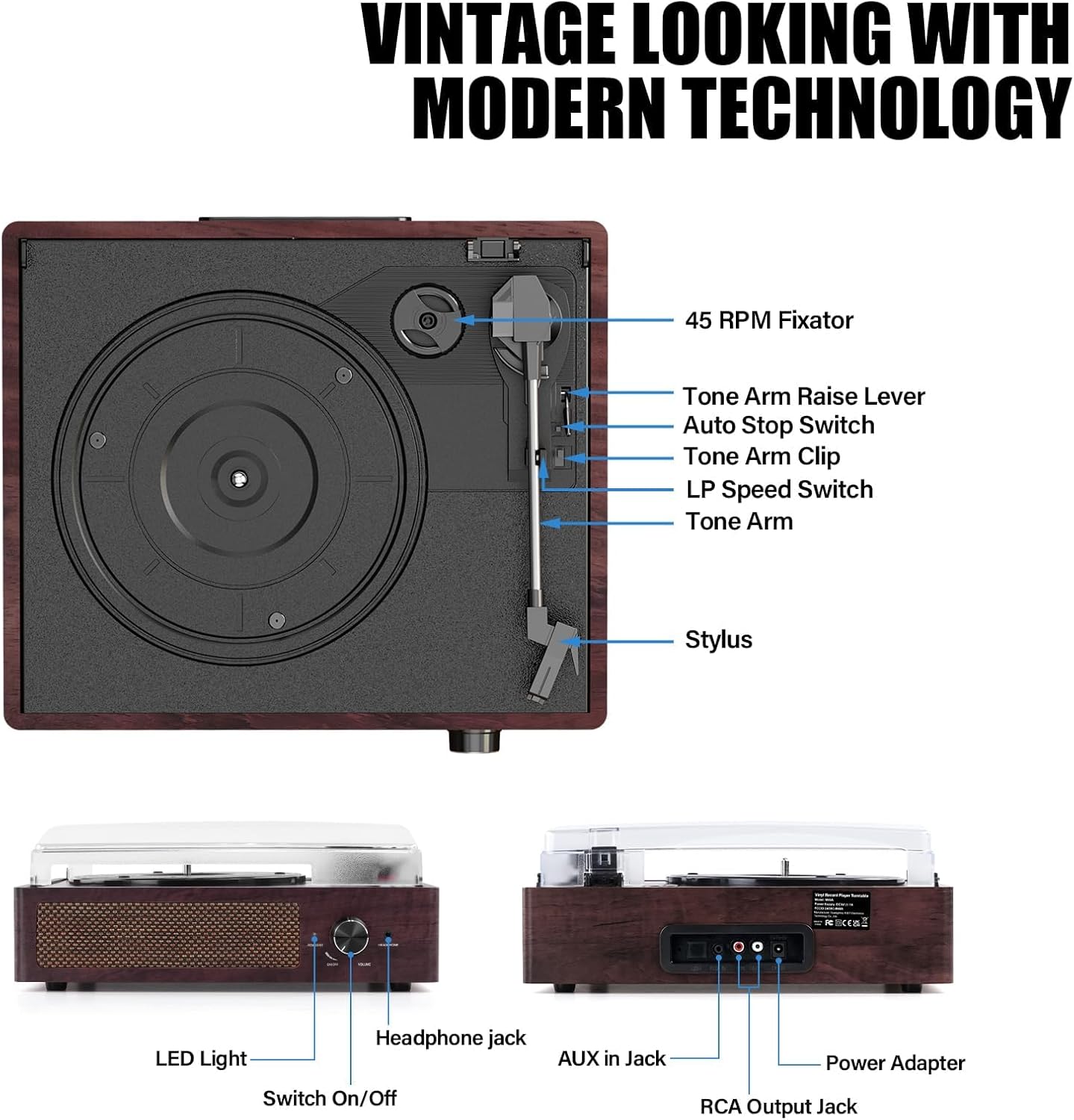 Thumbnail 1 de Platine Vinyle Bluetooth Portable à 3 Vitesses – Vintage avec haut-parleurs intégrés (33 1/3/45/78 RPM) – Marron