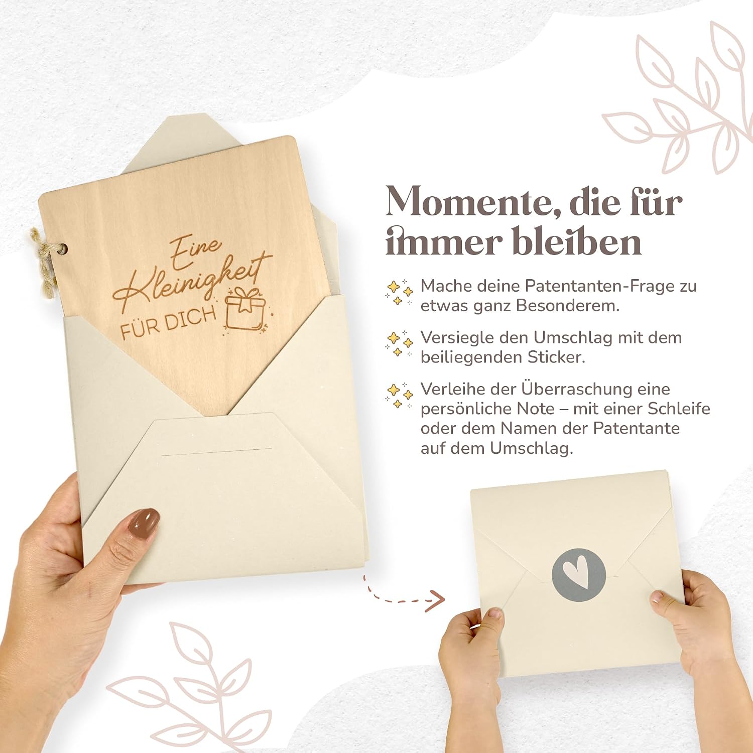Detalle de Patenonkel fragen Holzbuch mit Umschlag & Siegel – Hochwertiges Geschenk für die werdende Patentante