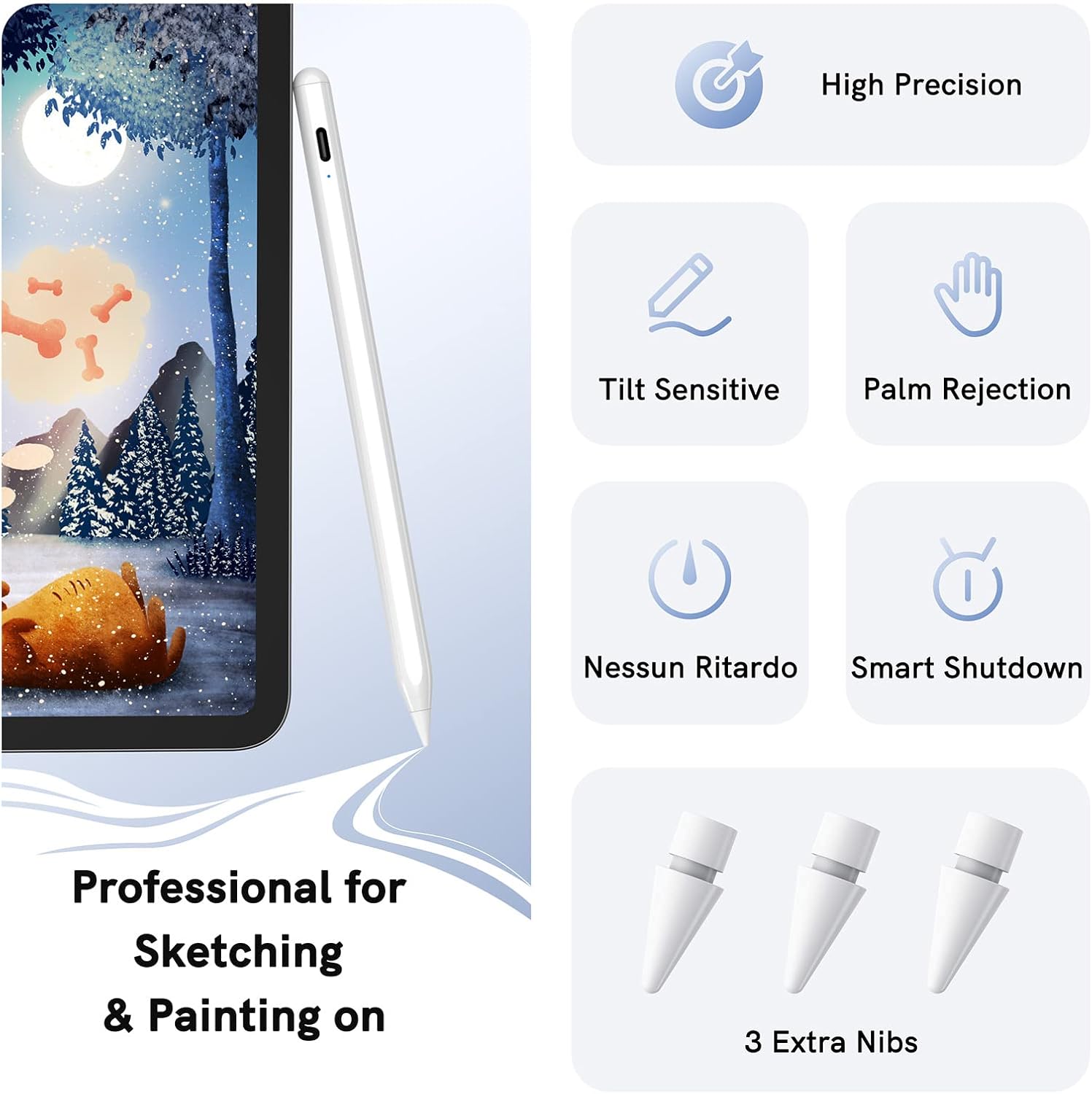 Detalle de KECOW iPad-stylus met handpalmafwijzing, kanteldetectie en magnetische bevestiging