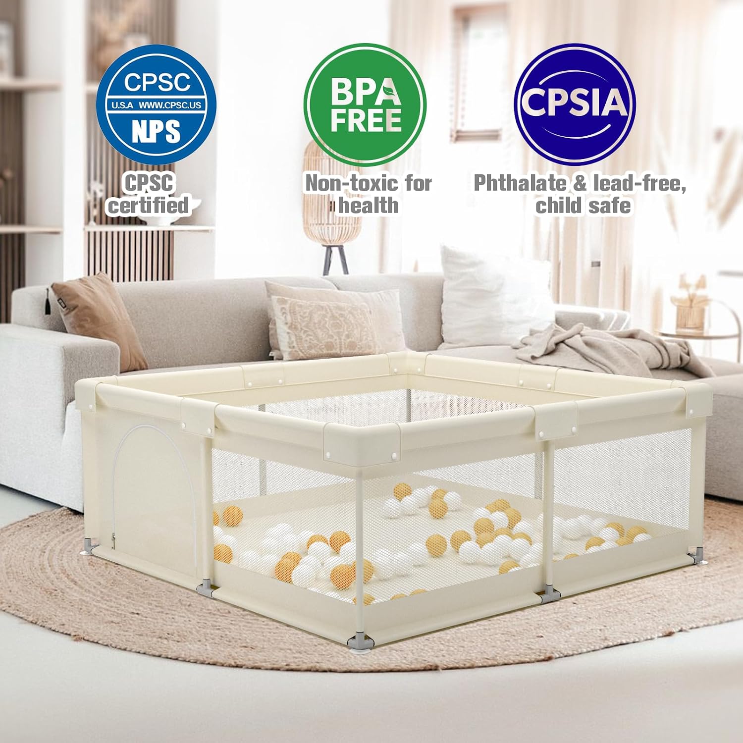 Detalle 1 de ZEEBABA 59 x 59 in Baby Playpen, Beige, Tool-Free Assembly