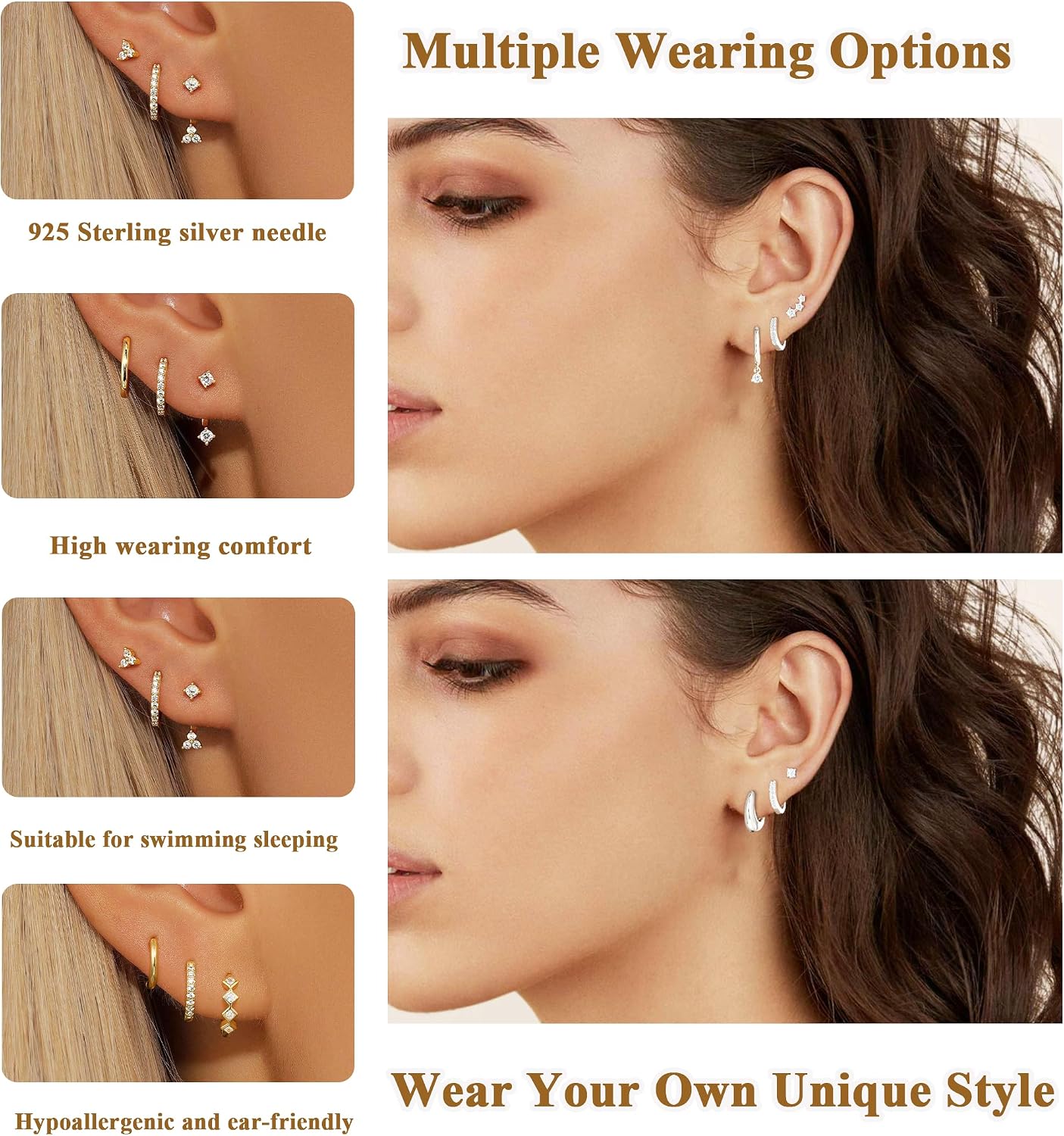 Thumbnail 1 de Smilya 3 Pairs 925 Sterling Silver Stud Hoop Earrings Set for Women