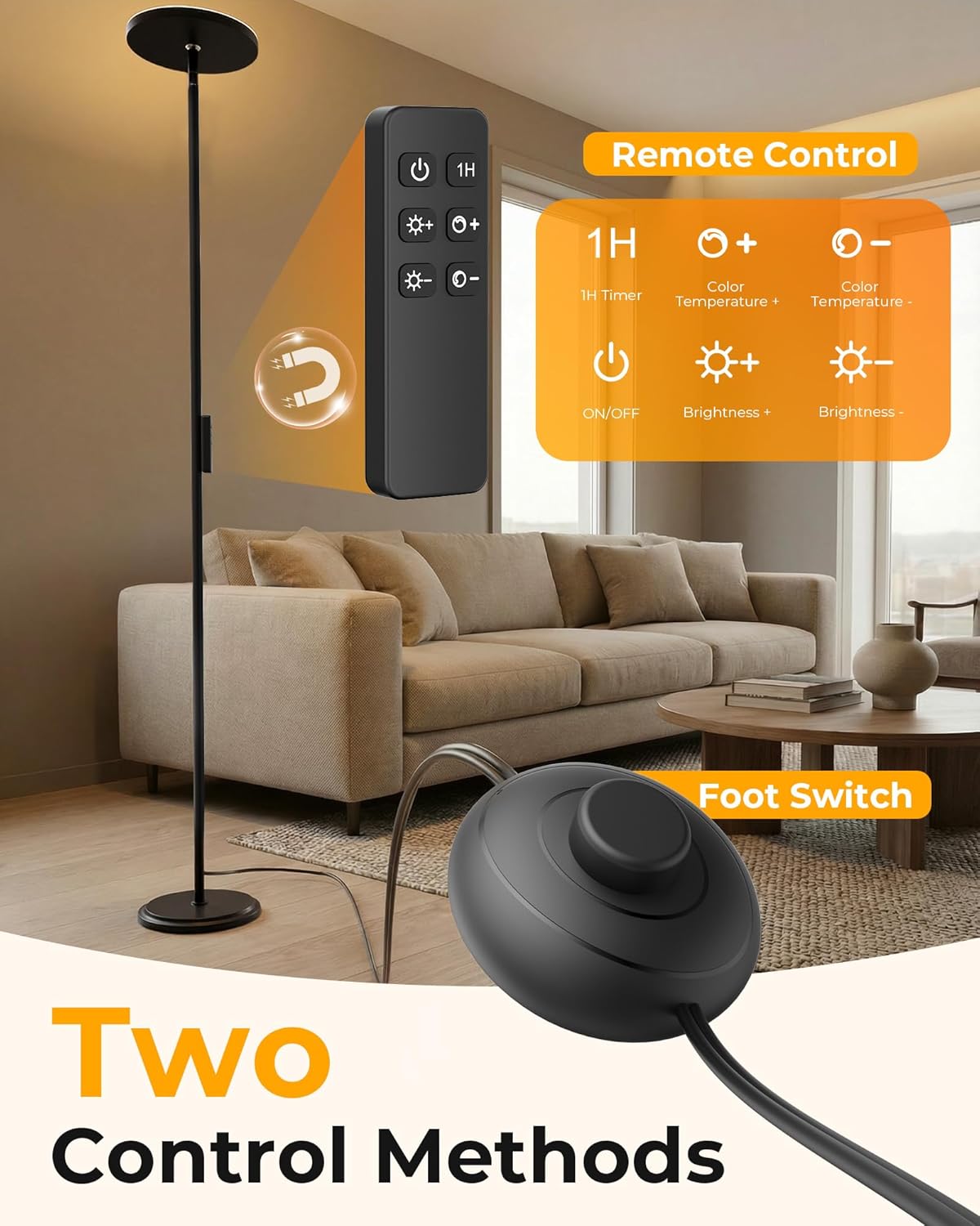 Thumbnail 4 de Peiyuu Tall LED Floor Lamp for Living Room — 2800LM, 2700–6500K Stepless Dimmable with Remote, Foot Switch and 1H Timer
