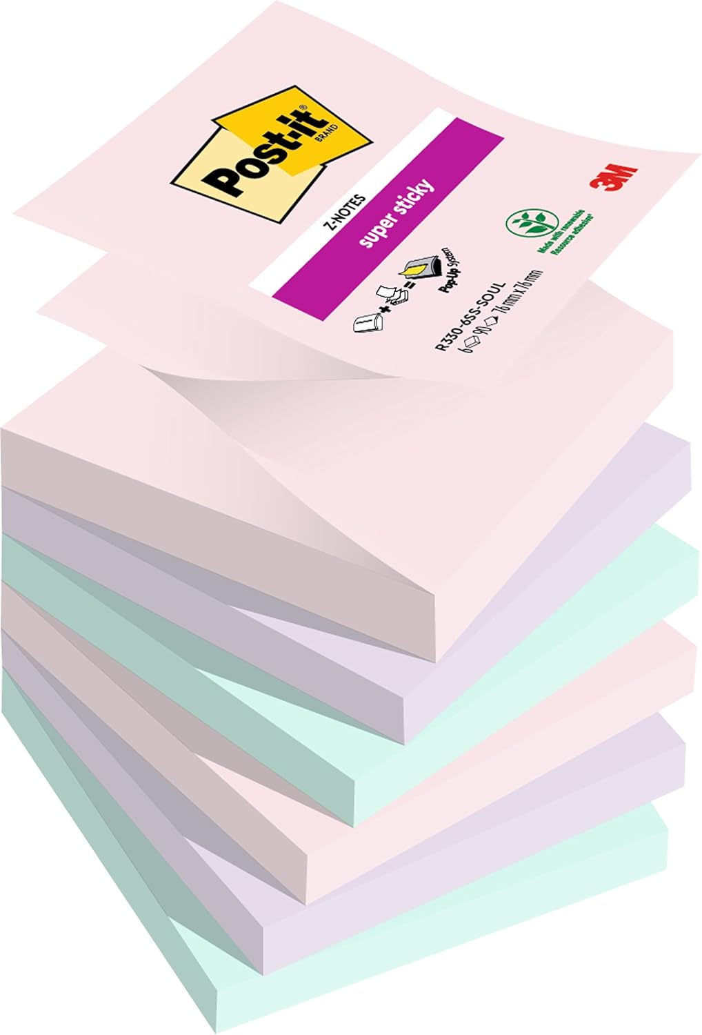 Detalle de Post-it Z-Notes Autocollantes Super Sticky — Couleurs Soulful, pack de 6 blocs (90 feuilles chacun, 76 x 76 mm)