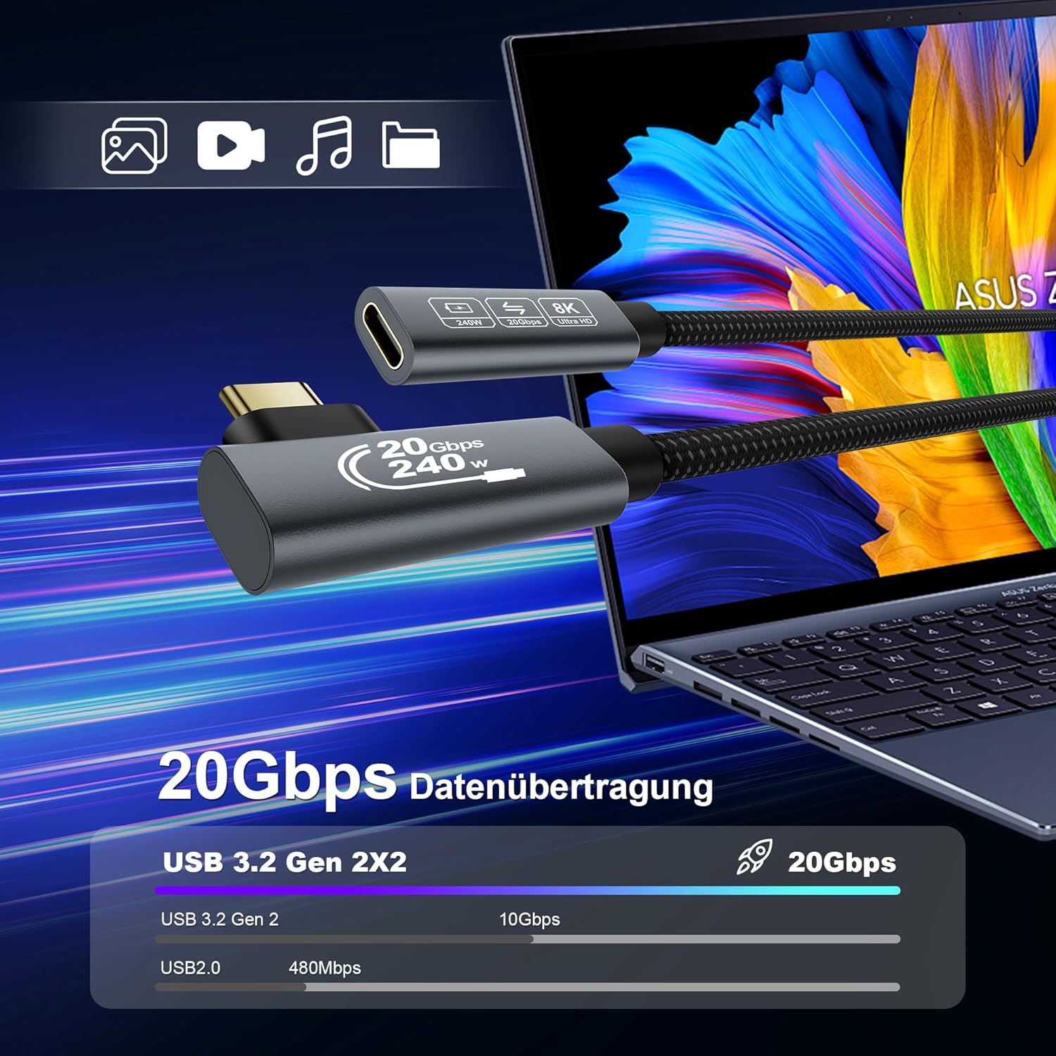 Thumbnail 1 de EUDOBEL 240W USB‑C Verlängerung 0,5 m mit 90° Winkel (USB‑C 3.2 Gen 2×2, bis 20 Gbit/s, 8K@30 Hz)