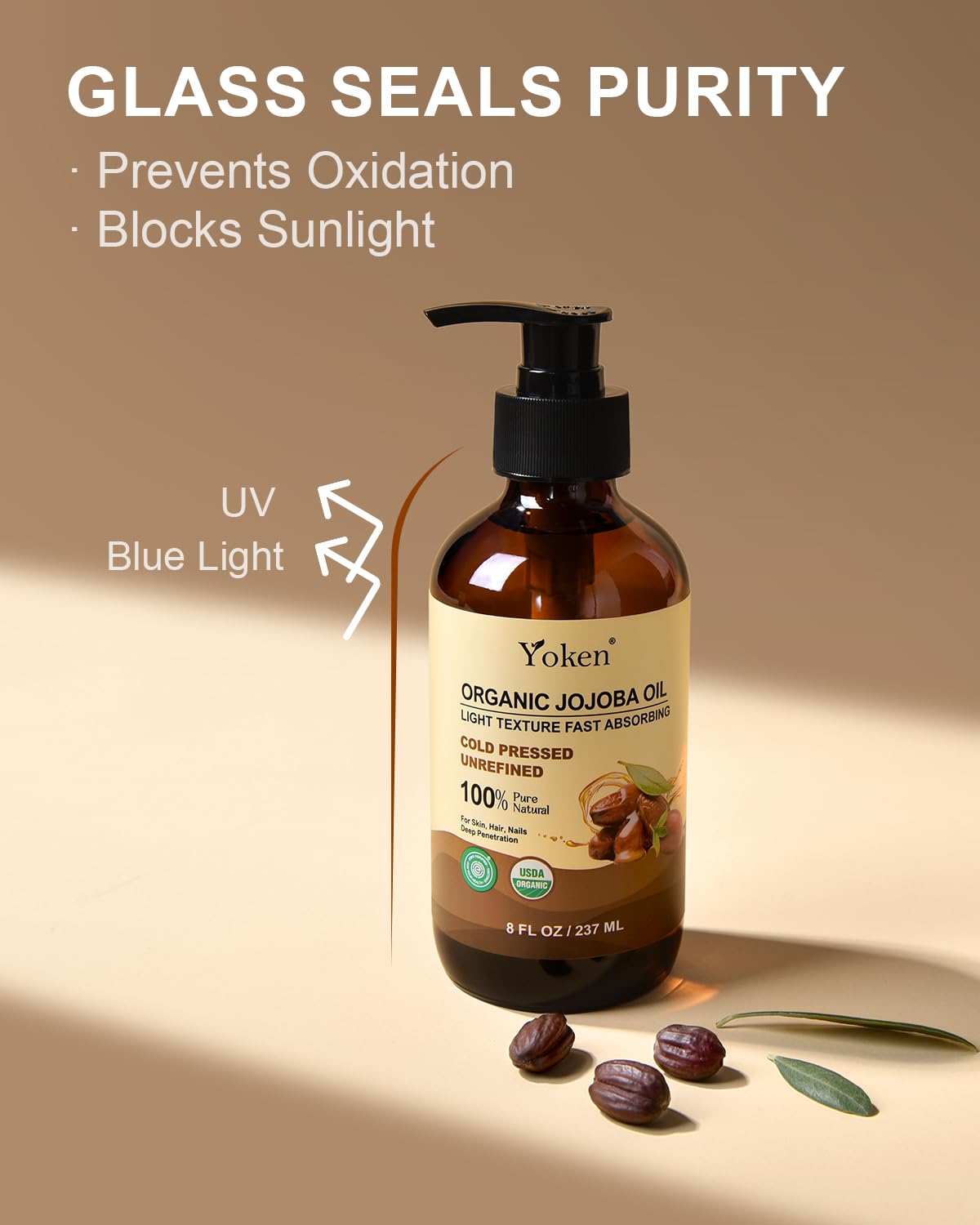 Detalle de Yoken Organic Jojoba Oil (8 fl oz) — USDA Certified 100% Pure, Cold-Pressed Unrefined Jojoba Oil in Glass Bottle