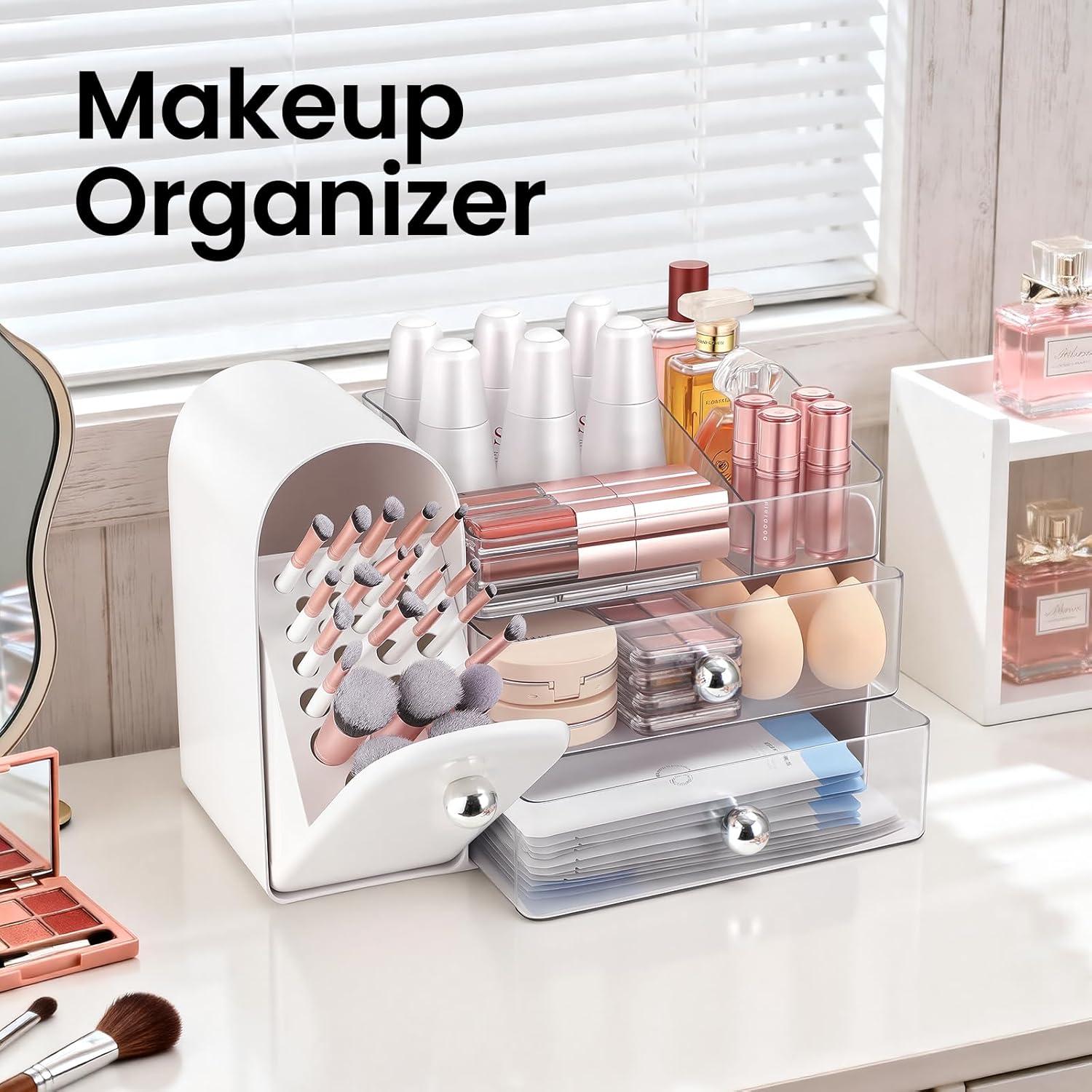 Thumbnail 1 de TRQWRO Makeup Organizer: Large Vanity Storage with Pull-Out Brush Holder