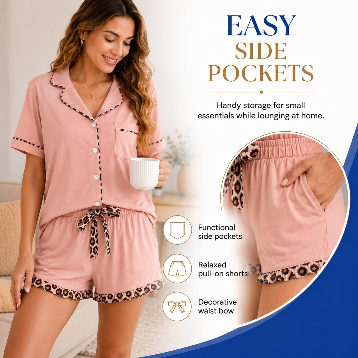 Detalle 1 de RONGTAI AJ428D000 Women's Pajama Set with Button-Down Top, Shorts and Side Pockets