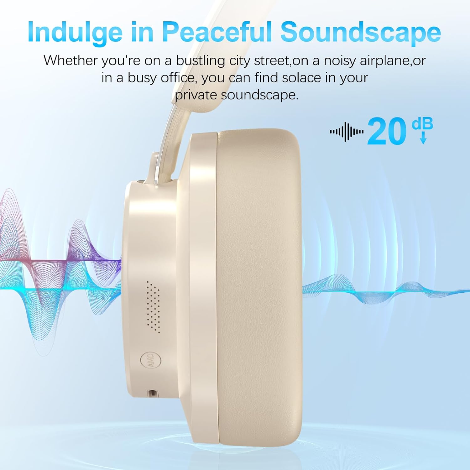 Detalle de Noise Cancelling Wireless Over-Ear Headphones with Microphone (Beige) – 65h Playtime