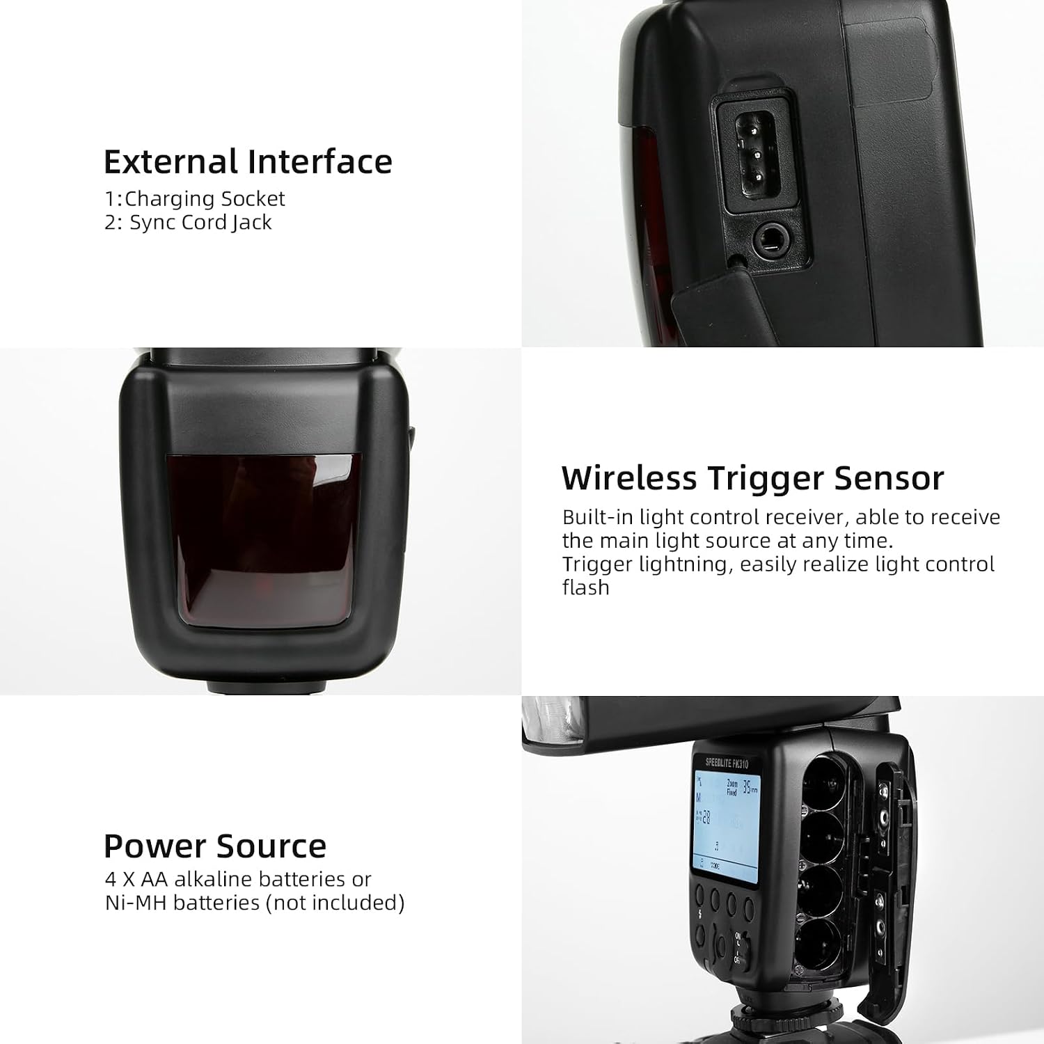 Detalle de PHOTOOLEX FK310 LCD Speedlite con slitta hot shoe e modalità manuale/S1/S2 per Canon, Nikon, Sony e altre reflex mirrorless