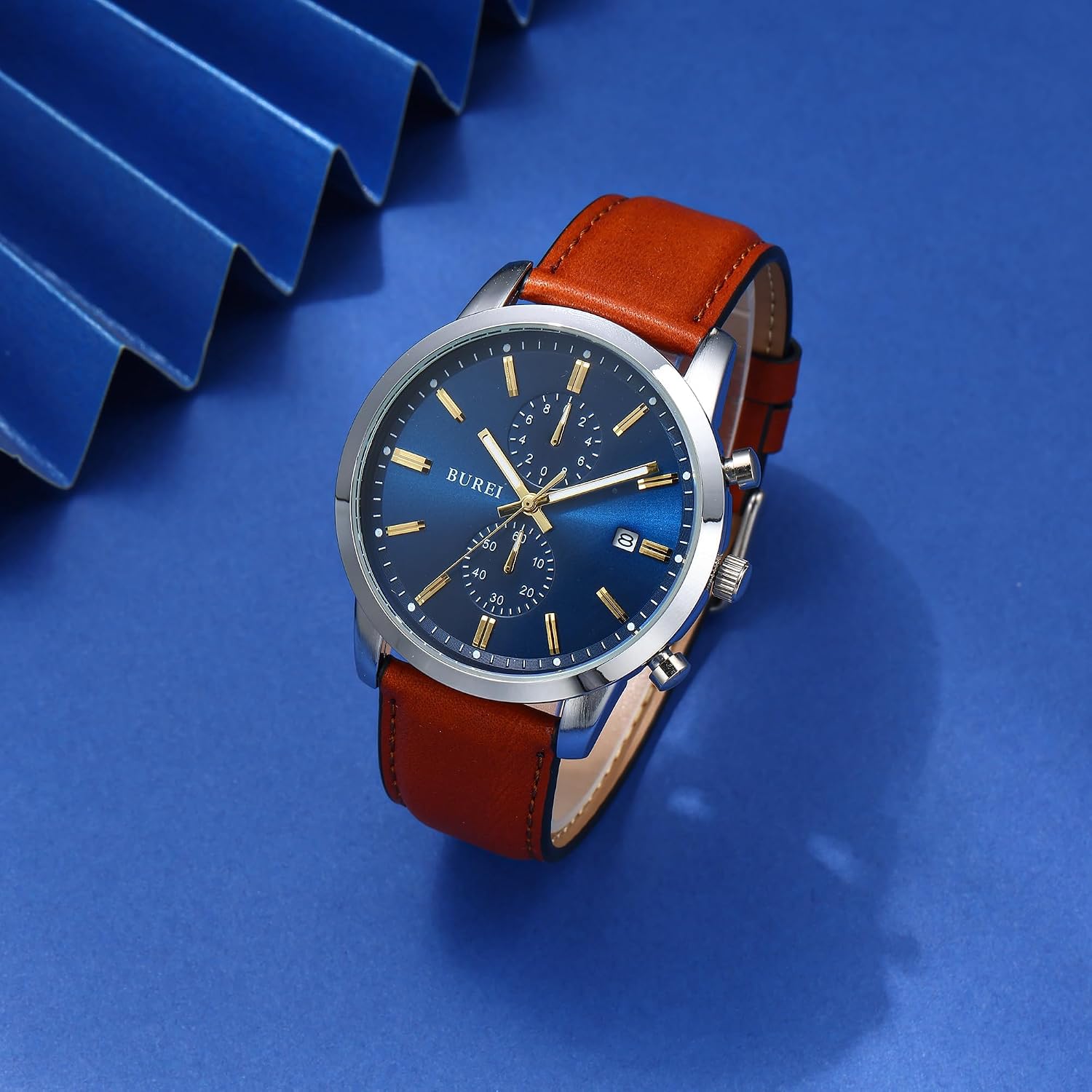 Detalle 2 de BUREI montre chronographe quartz japonaise étanche 3 ATM pour homme à bracelet cuir