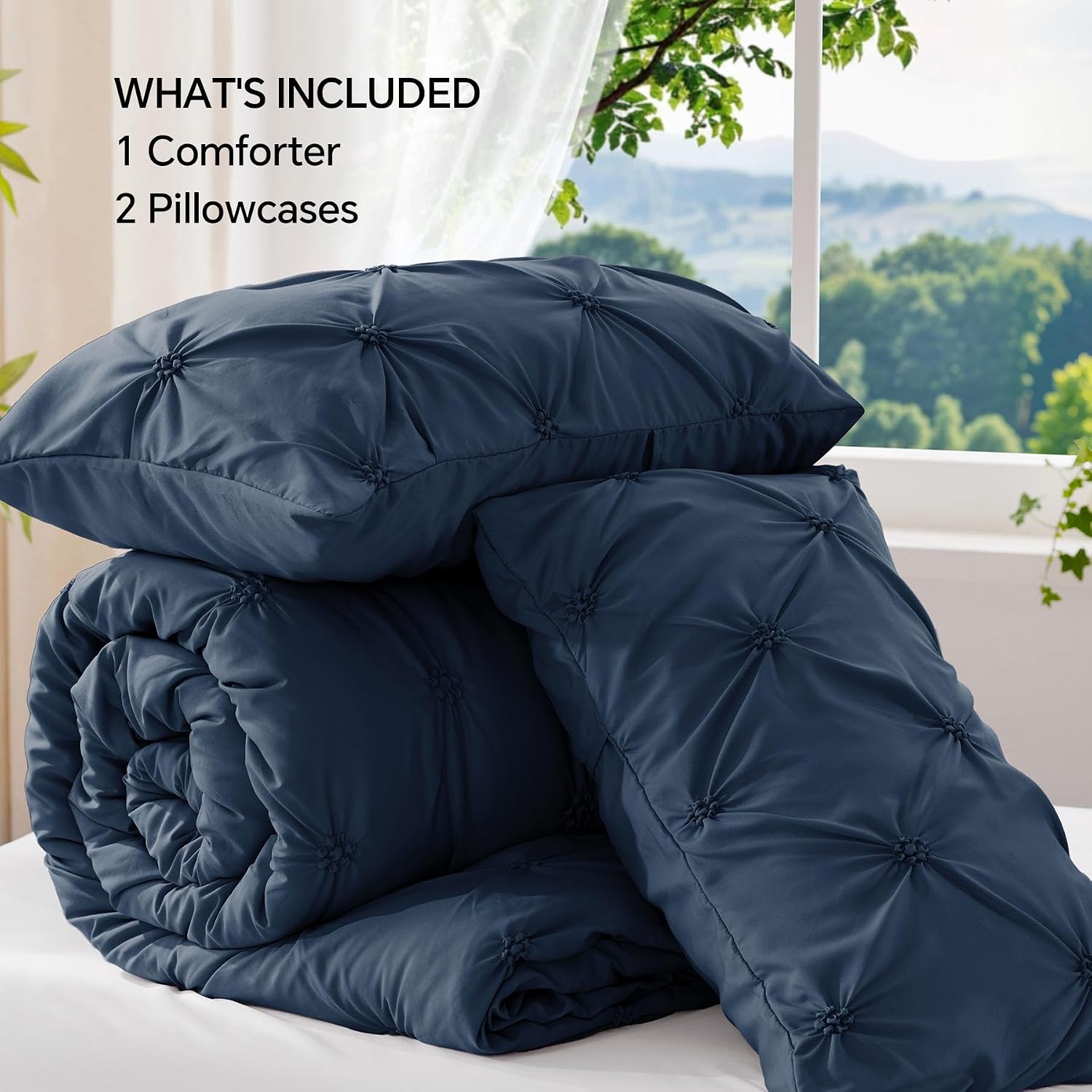 Thumbnail 6 de BEDELITE BECAB2G1 Queen Comforter Set, Navy Blue Boho Pintuck, 3-Piece