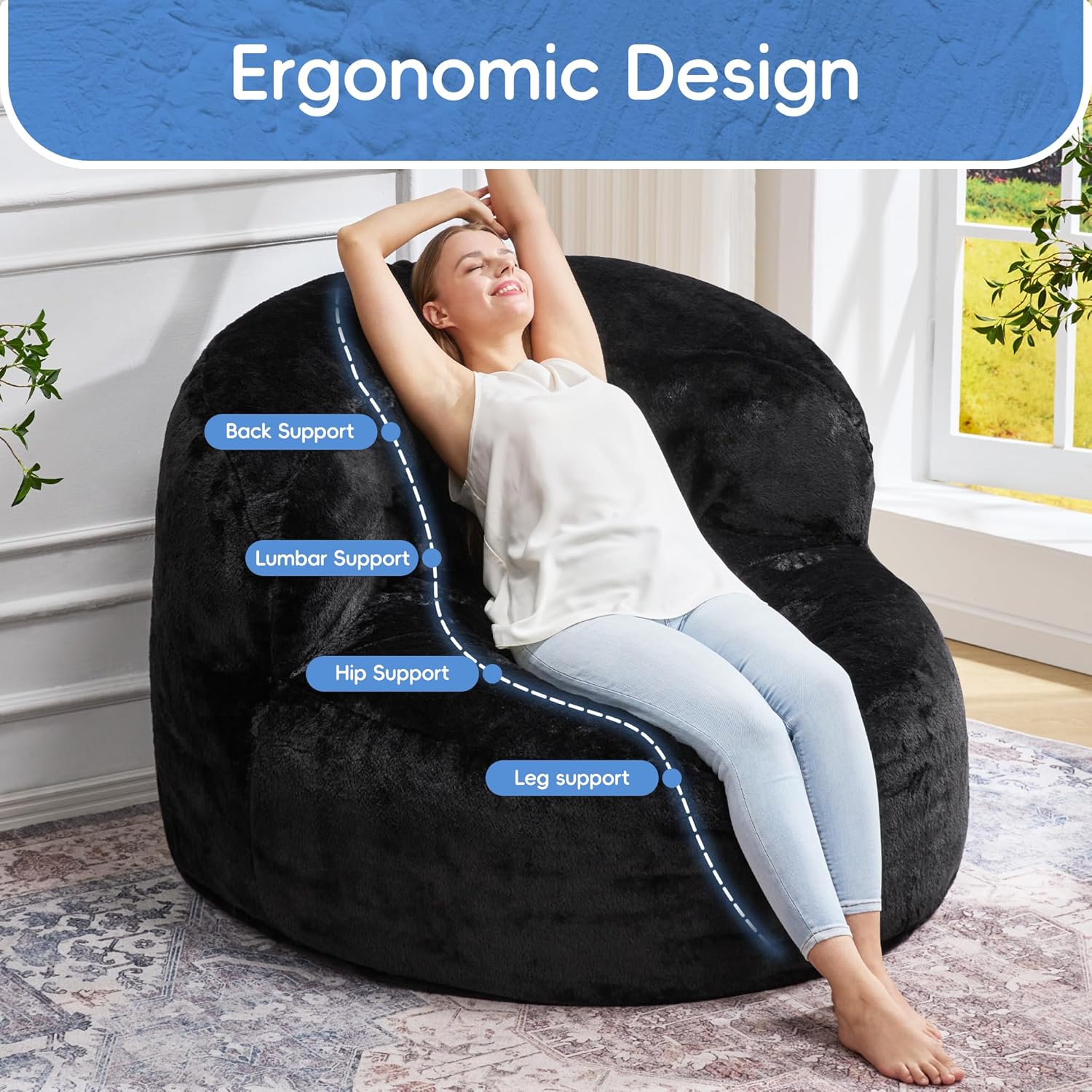 Detalle de Hobestluk Oversize Bean Bag Chair with Memory Foam and Black Faux Fur