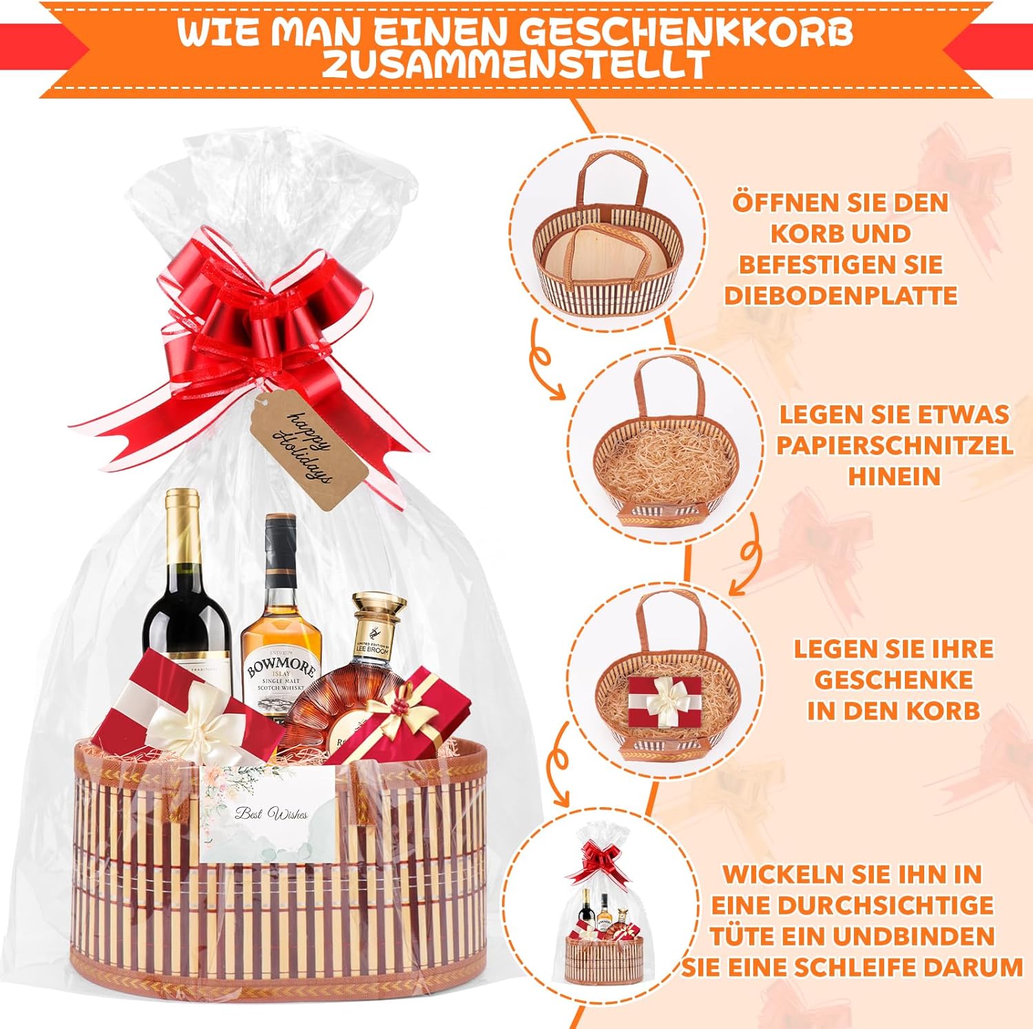 Thumbnail 4 de SelfTek Geschenkkorb Leer Groß – 2er-Set Bastelkorb aus Bambus, leer, 30x20x15 cm, inklusive Folie, Schleifen und Grußkarte