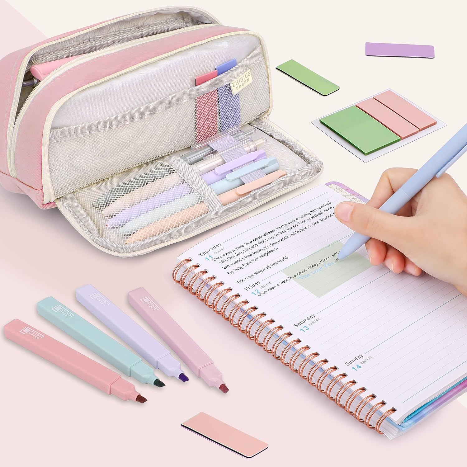 Detalle de COZCLAM 32pcs Aesthetic Stationery Set with Pink Pencil Case – Pastel Highlighters, Colour Pens and Magnetic Bookmarks