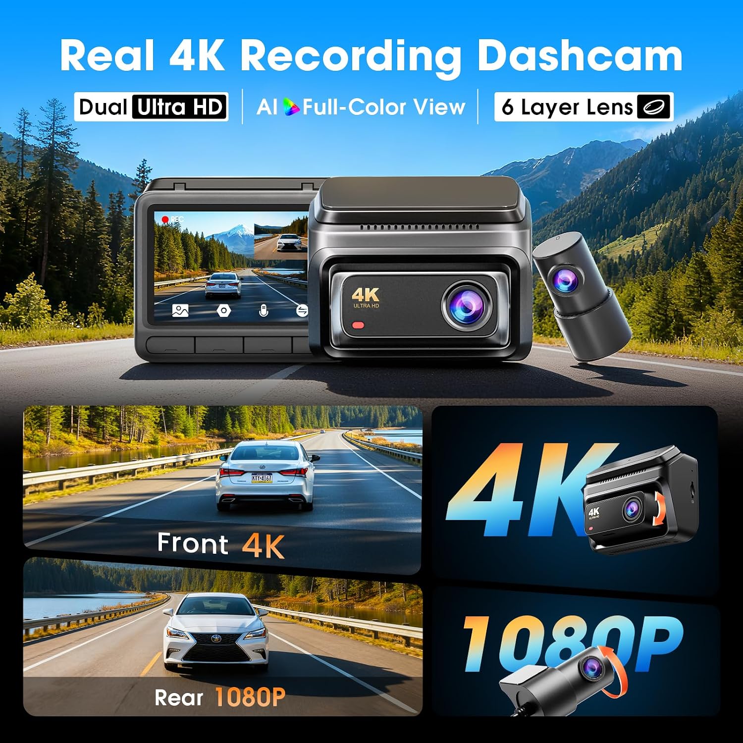 Thumbnail 1 de DDPAI Z60 4K Dash Cam Front & Rear with 32GB eMMC, 64GB Card Included, 5GHz WiFi, GPS, and AI Night Vision