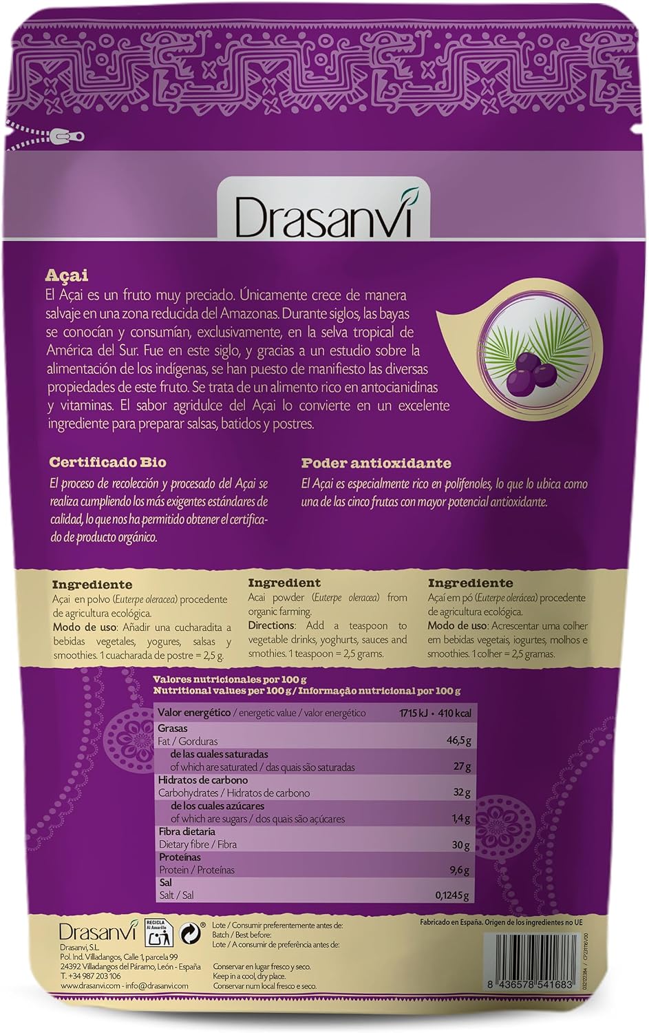 Detalle 2 de Drasanvi ACAI Bio doypack 70 g superalimento 🥣