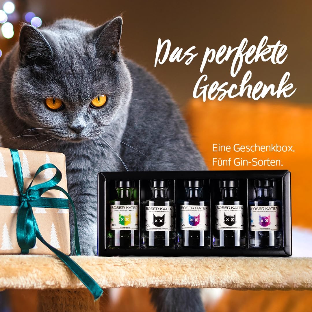 Detalle de BÖSER KATER Farbwechsel Gin Tasting-Set – Geschenkbox mit 3 Sorten Farbwechsel Gin und Fever-Tree Tonic (bis zu 5 Personen)