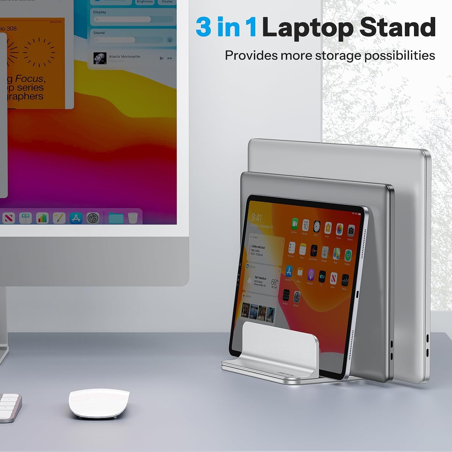 Thumbnail 6 de OMOTON VL03-Silver 3-Slot Vertical Laptop Stand, Adjustable Aluminum, Bright Silver
