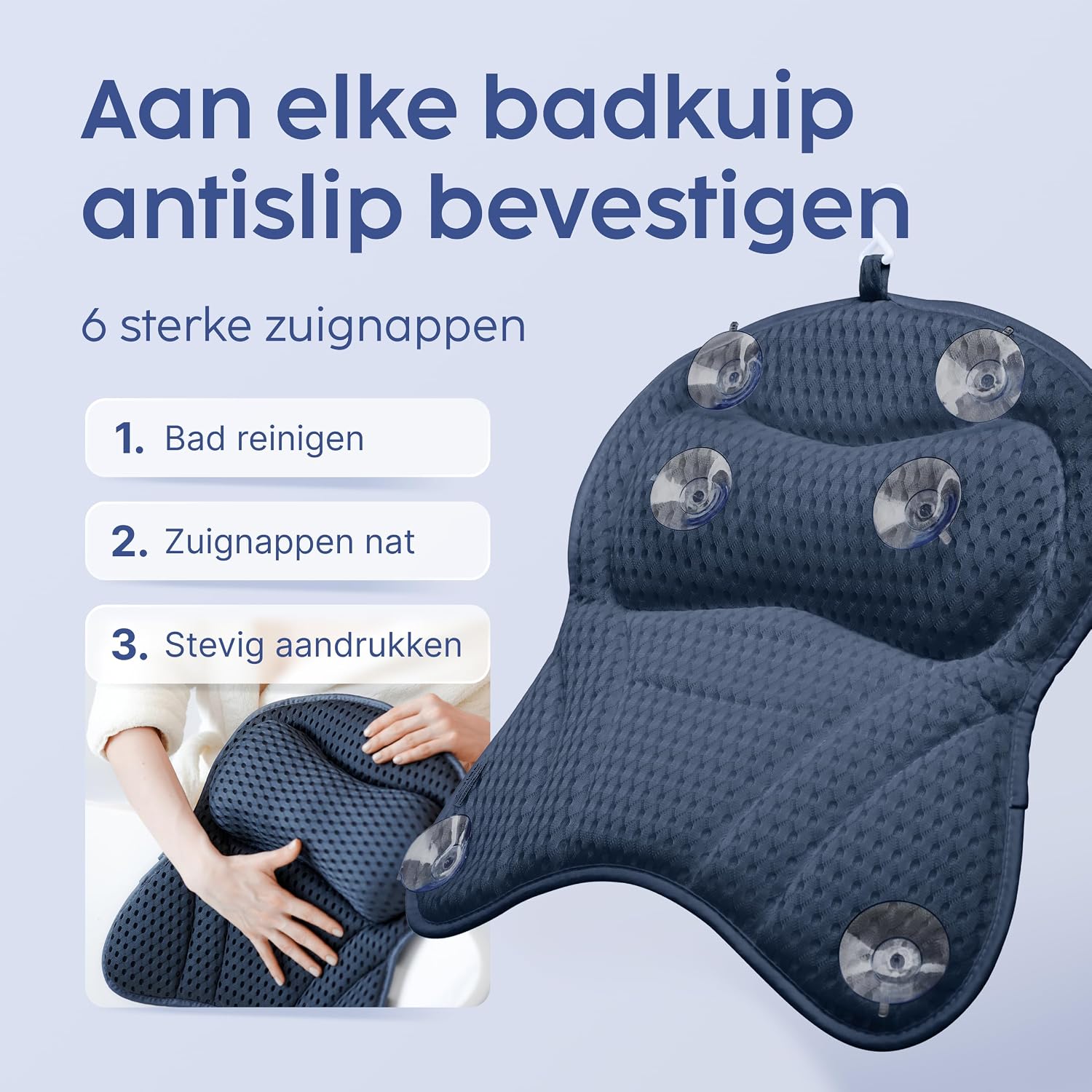 Detalle de Vesta+ BK-L-DB badkussen XXL, nachtblauw, 6 zuignappen en 3D-mesh