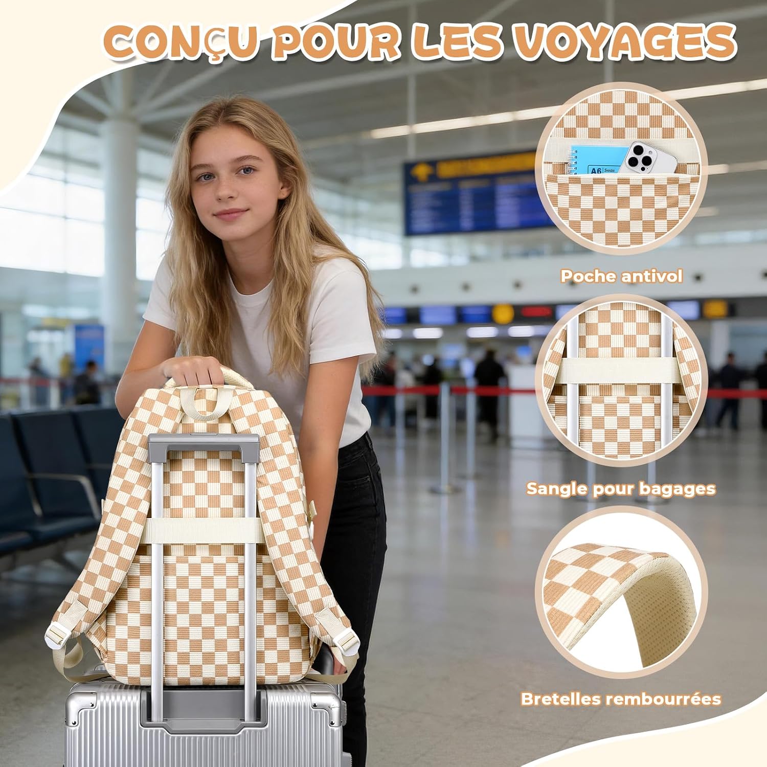 Detalle de Sisipoet Sac à Dos Velours Côtelé Damier, Cartable Avec Pochette Ronde – idéal pour l’école