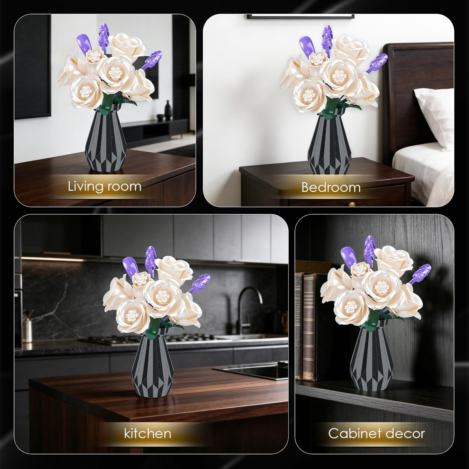 Thumbnail 2 de QYCHHJ White Roses Flower Bouquet Building Set with Vase – 256 Pcs