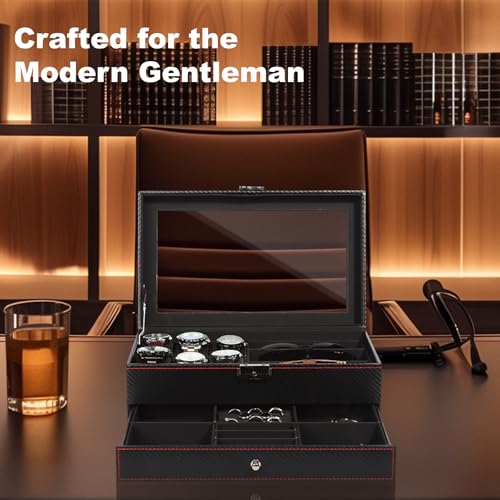 Detalle de Nestwerk Men's Jewellery Box: 6-Slot Lockable Watch Case with 2-Tier Storage and Glass Display